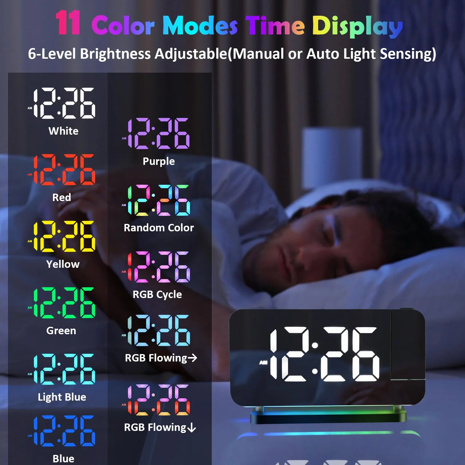 Euakee Budzik z projekcją, cyfrowy zegar z lustrem LED 7,4", 10 kolorów, projektor obracany o 180°, ładowarka USB, budzik z projektorem dla dzieci, sypialni, chłopców i dziewczynek