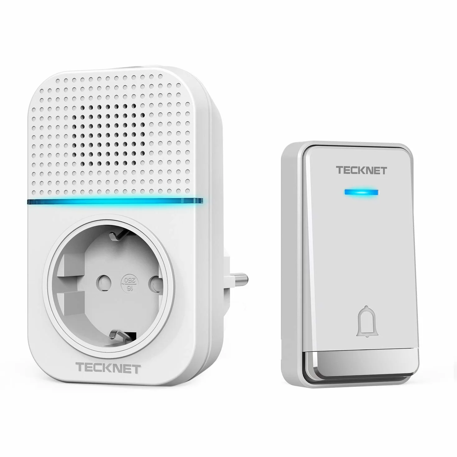 TECKNET Bezprzewodowy Dzwonek do Drzwi, Wodoodporny Zestaw Wtyczki Dzwonka do Drzwi IP65, Zasięg Odbioru 400m, Samozasilający się Dzwonek do Drzwi60 Melodii i 5 Poziomów Regulacji Głośności, Biały