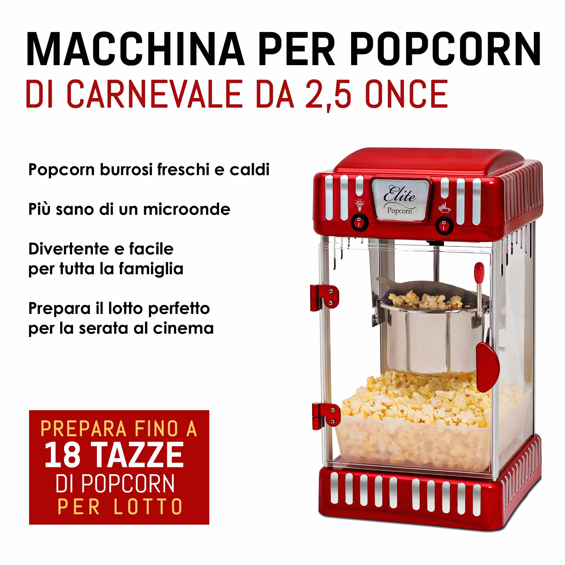 Elite Gourmet EPM-250 Maxi-Matic 2,5 uncji klasyczny karnawał, stołowa maszyna do popcornu w stylu retro, filmowy popcorn z gorącym masłem, czerwony