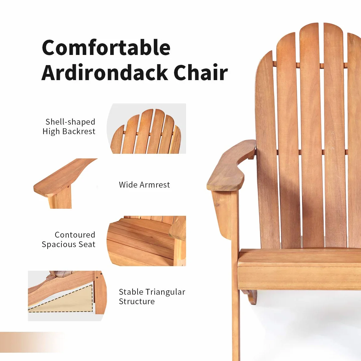 KOMFOTTEU Adirondack krzesło ogrodowe z drewna akacjowego z oparciem i podłokietnikami, ergonomiczne, drewniane krzesło do 160 kg, krzesło relaksacyjne na balkon, do ogrodu, na plażę (naturalne)