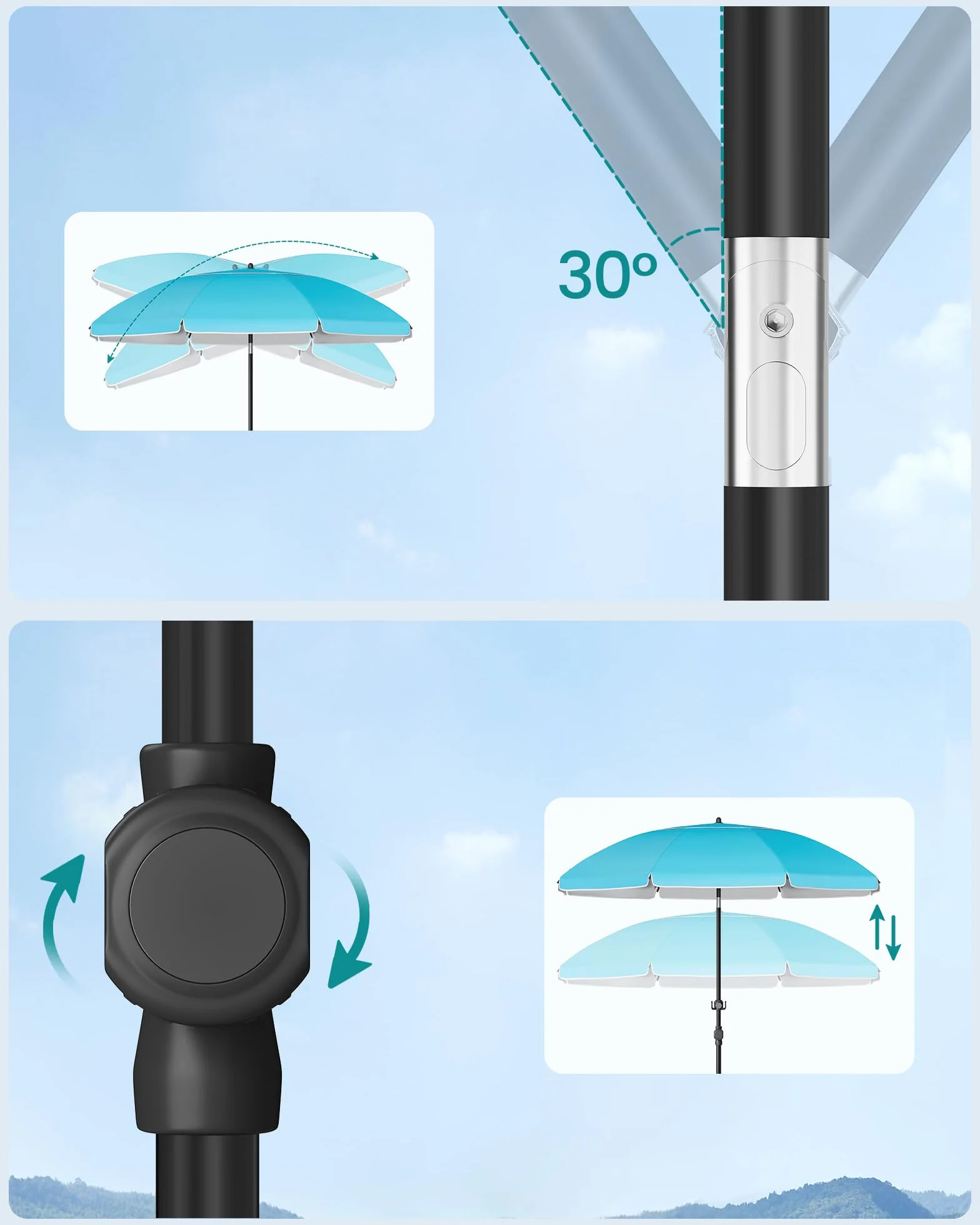 SONGMICS Parasol 200 cm, parasol plażowy, ochrona przeciwsłoneczna UPF 50+, składany do 30° z obu stron, regulowana wysokość, miejsce do przechowywania, na plażę, bez stojaka, niebieski GPU0082Q01