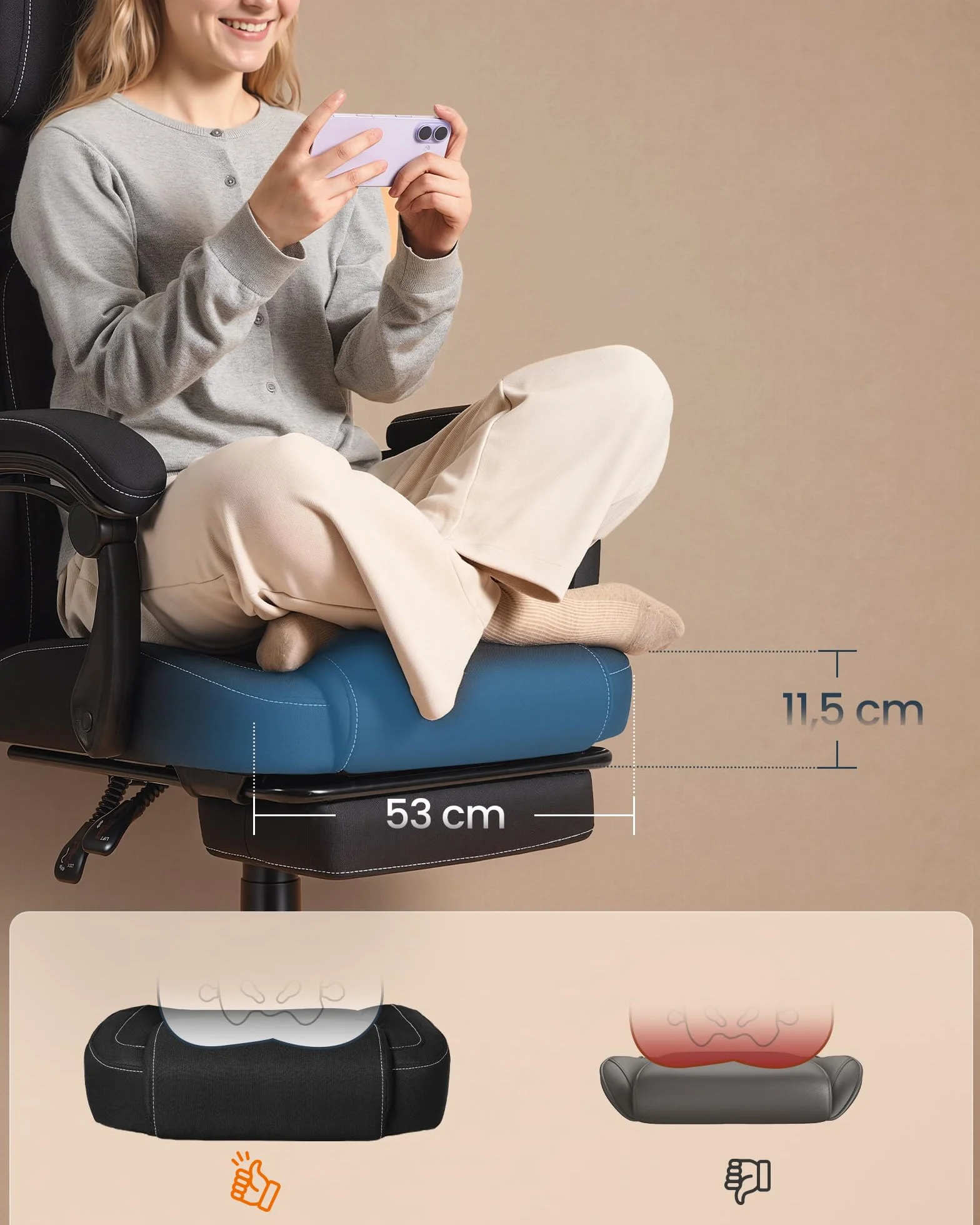SONGMICS HOME Krzesło gamingowe, ergonomiczne krzesło komputerowe z podnóżkiem, krzesło biurowe, krzesło obrotowe z poduszką pod głowę, mieszanka bawełny i lnu, z regulacją wysokości, kolor czarny