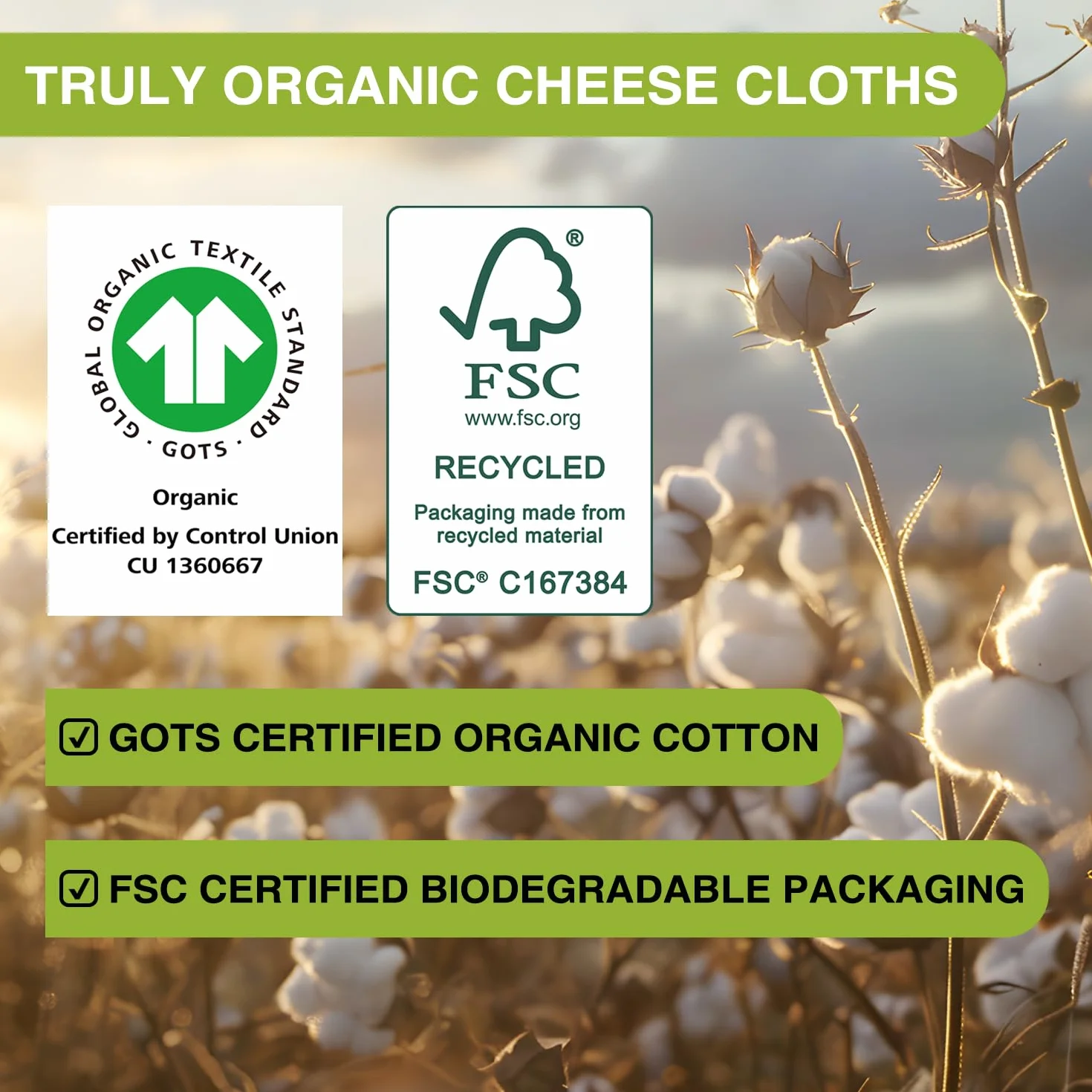 Olicity Organiczna Gaza Serowarska, Certyfikat GOTS, 4 Szt., 50x50cm, Gaza Serowarska 100% Bawełna, Wielokrotnego Użytku, Można Prać - Do Gotowania, Soków, Masła