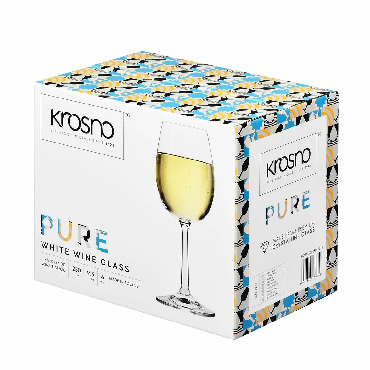 KROSNO Pure Kieliszki do Wina Białego 280 ml Zestaw 6 sztuk Szkło Kryształowe Bezołowiowe