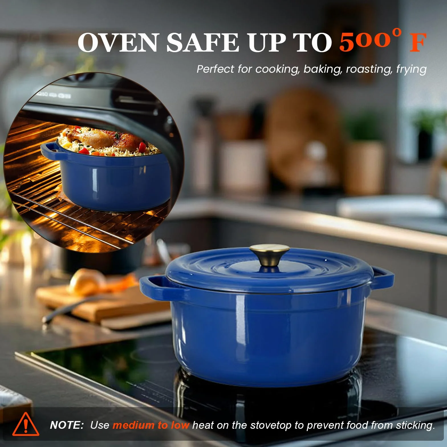 Overmont Garnek emaliowany żeliwny - Dutch Oven 26 cm nadaje się do piekarnika z pokrywką i książką kucharską - do smażenia kuchni, pieczenia, duszenia, królewski błękit