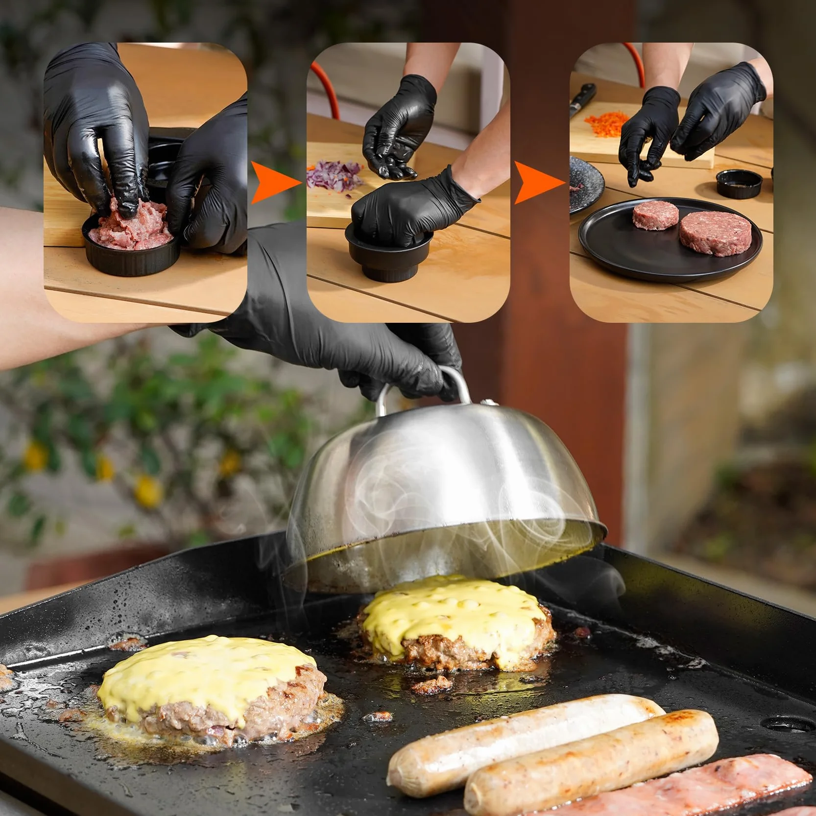 Onlyfire Smash Burger Set, 6-częściowy zestaw narzędzi do grilla, w tym okrągła prasa do burgerów, 2 szpatułki do grilla, prasa do patty, 2 dzwonki do burgerów, zestaw sztućców do grilla do planchy