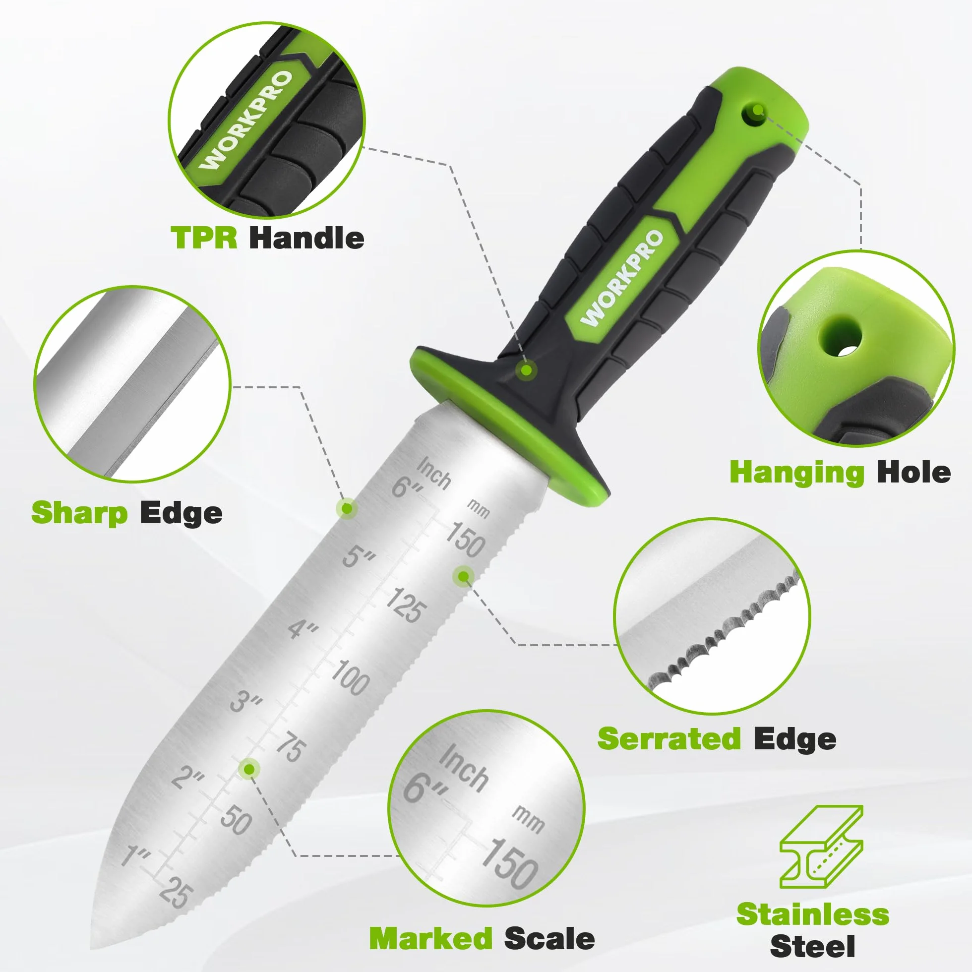 WORKPRO Hori Hori Garden Knife, 7" Stainless Steel Blade with Cutting Edge, Garden Tools with Oxford Sheath, Ergonomic TRP Handle with Hanging Hole for Weeding, Planting, Digging, Green