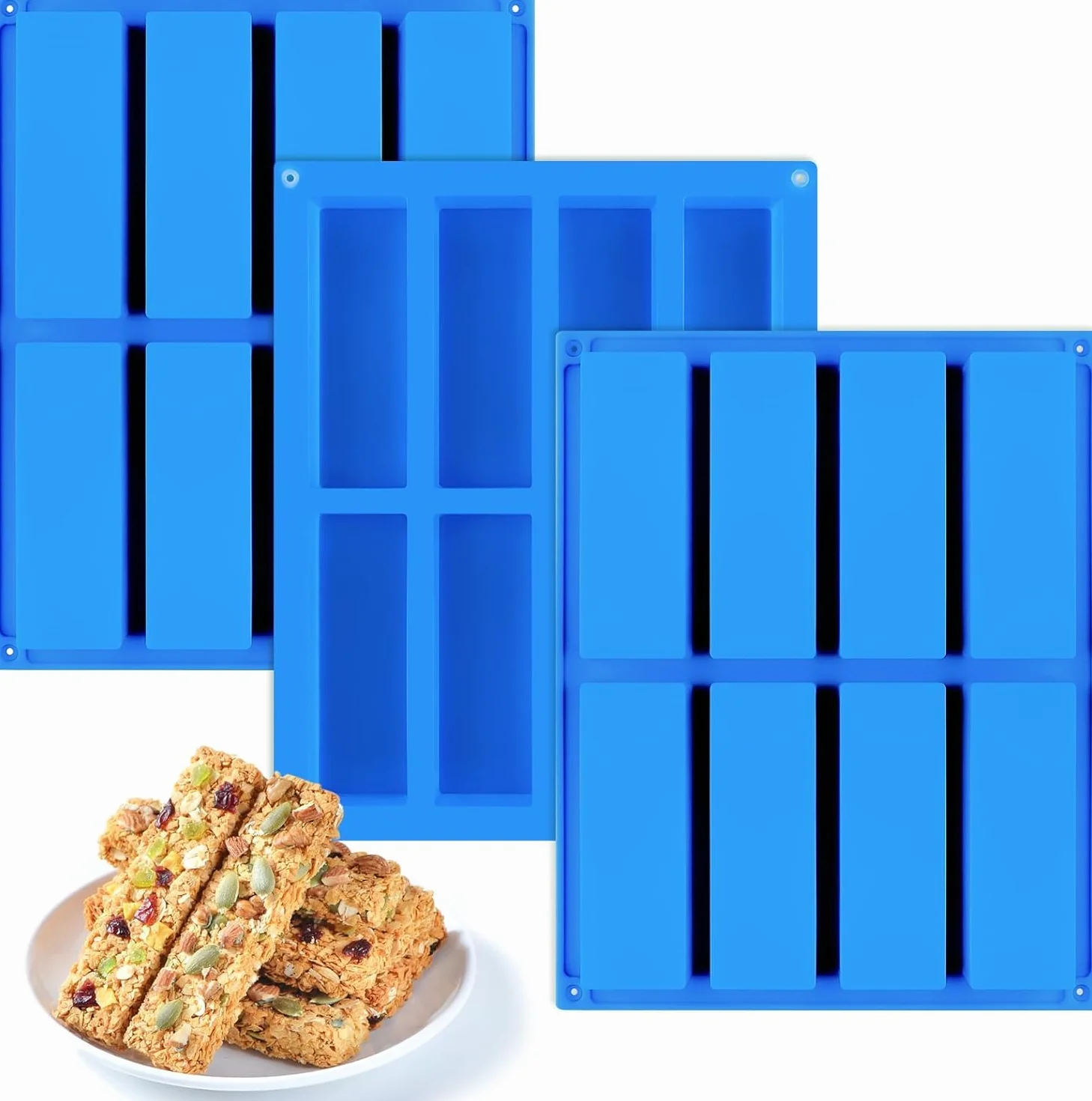 3 sztuki prostokątnych form silikonowych, 8 studni, batoniki energetyczne, forma do pieczenia, forma do musli, prostokątna forma do pieczenia, chleb, chleb kukurydziany, sernik, muffinki, ciasteczka i