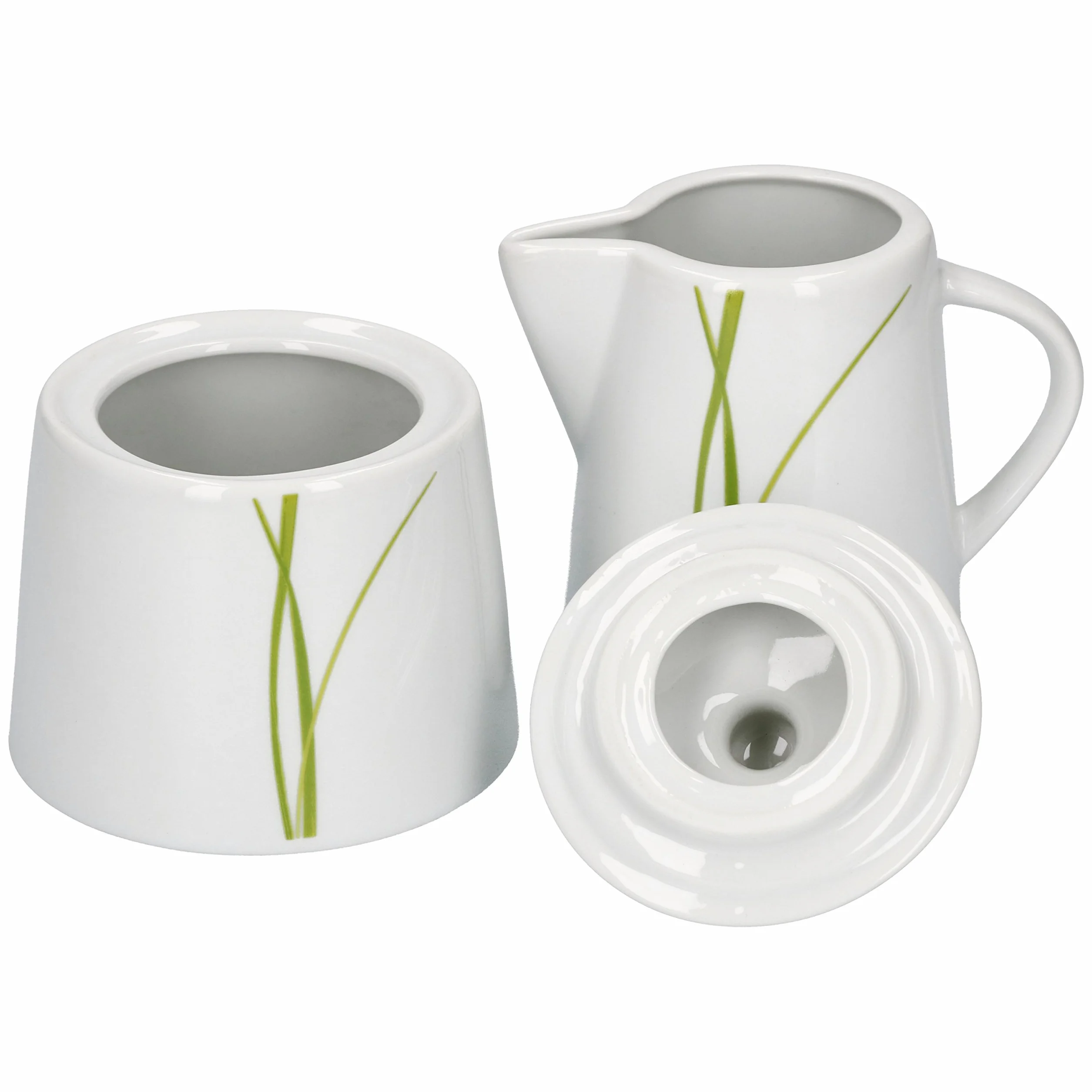 Van Well Bali zestaw cukiernicy z pokrywką Ø 95 mm i dzbanek na mleko 220 ml porcelana dekoracja liniowa