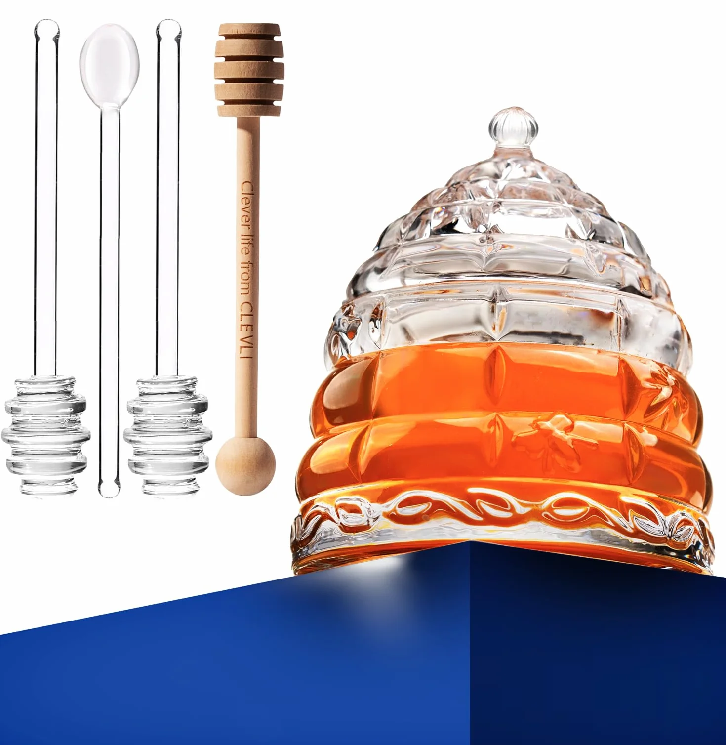 Elegancki szklany słoik na miód "Crystal" z 2 szklankami + 1 drewnianą łyżką i 1 przezroczystą łyżką, wzór ula, pojemnik 295 ml, idealny do cukru, marmolady i dżemu, trwały i stylowy wielofunkcyjny