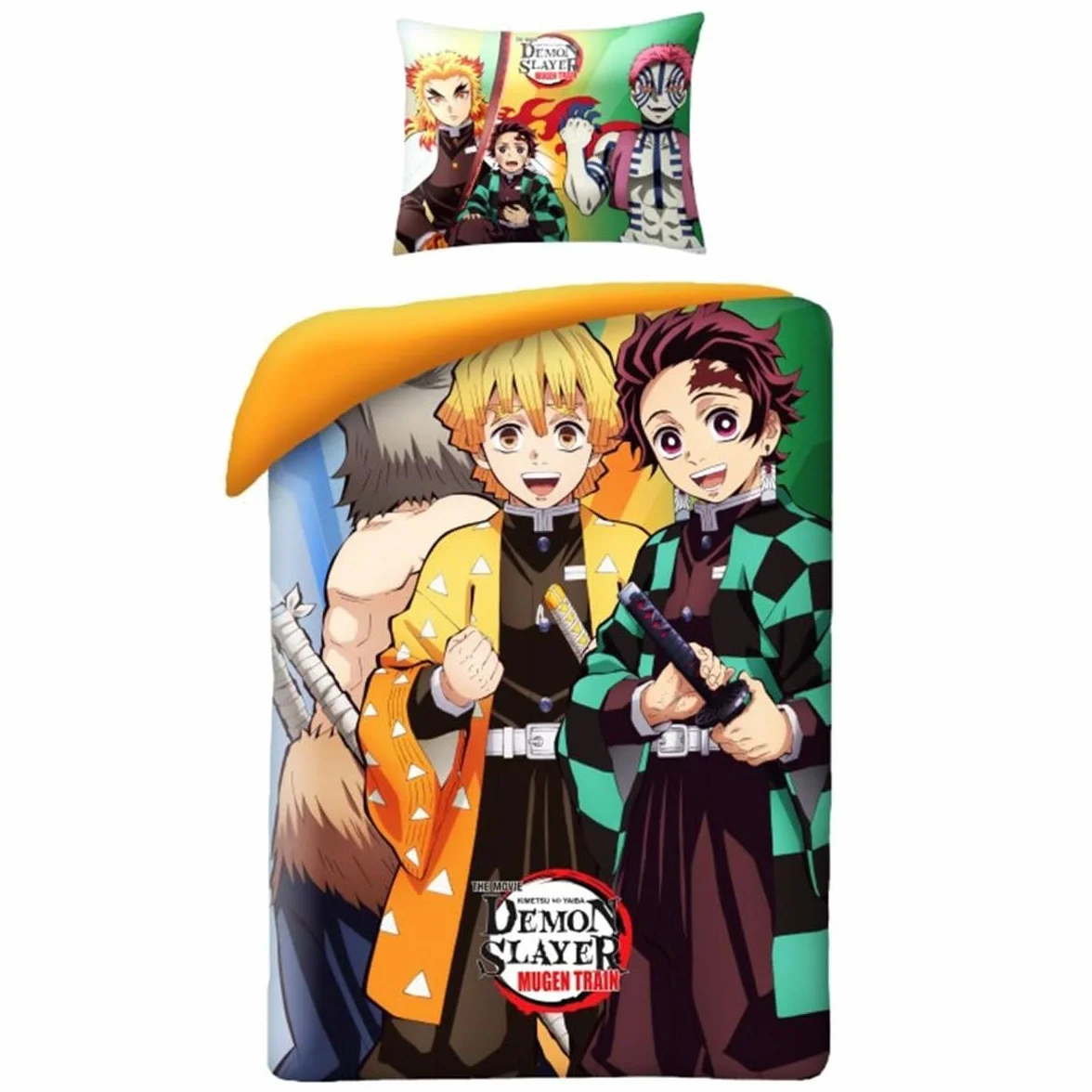 Zestaw Pościeli Demon Slayer, Dwustronna Poszewka na Kołder 140 x 200 cm + Poszewka na Poduszkę, 100% Bawełna, z Tanjirō Kamado i Zenitsu Agatsuma