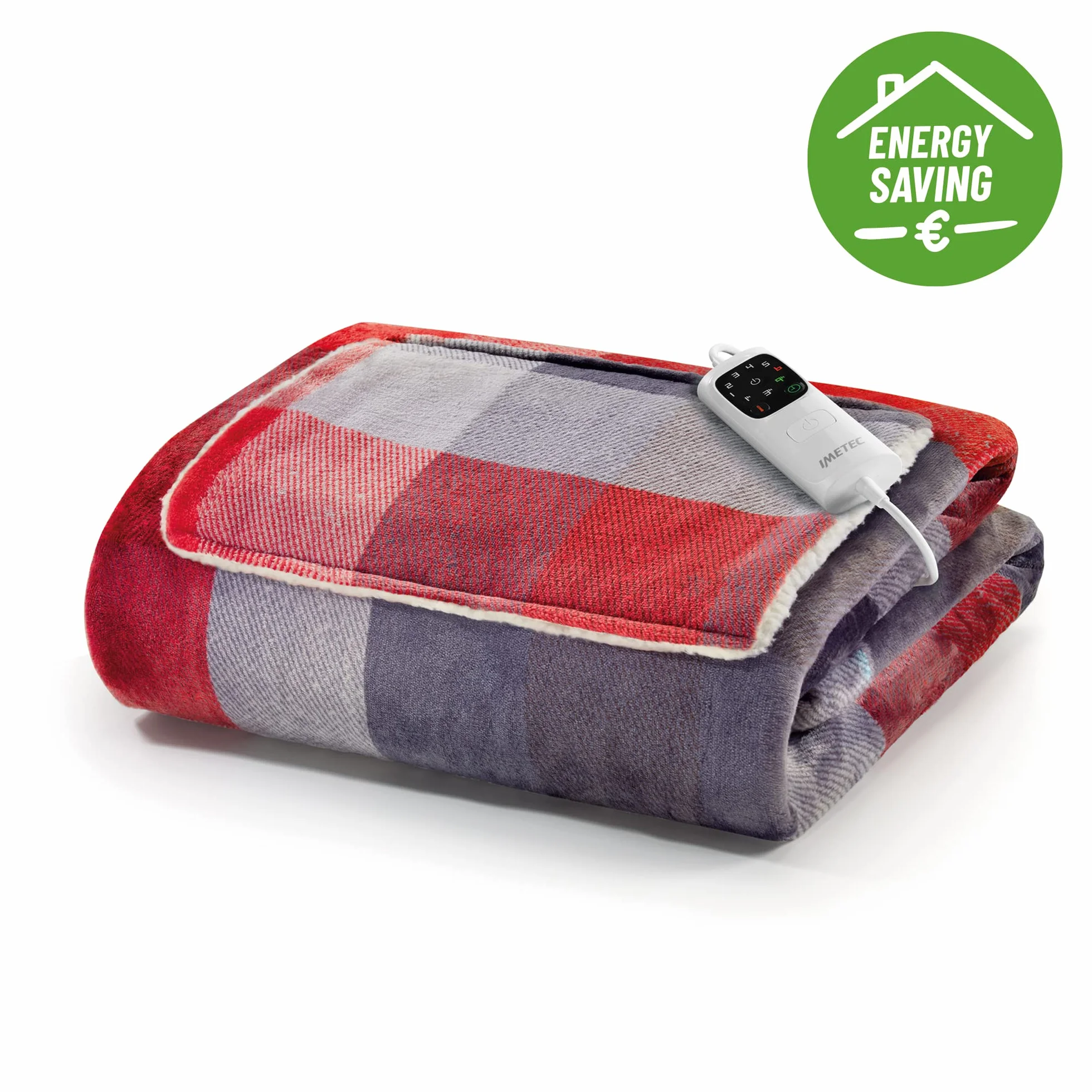 Imetec adapto velvet tartan pled podgrzewana kieszeń na dłonie i stopy, Koc elektryczny 150x110 cm, Niskie zużycie energii, Adaptacyjna technologia, Bezpieczny, Szybkie ogrzewanie, 6 temperatury, Prać