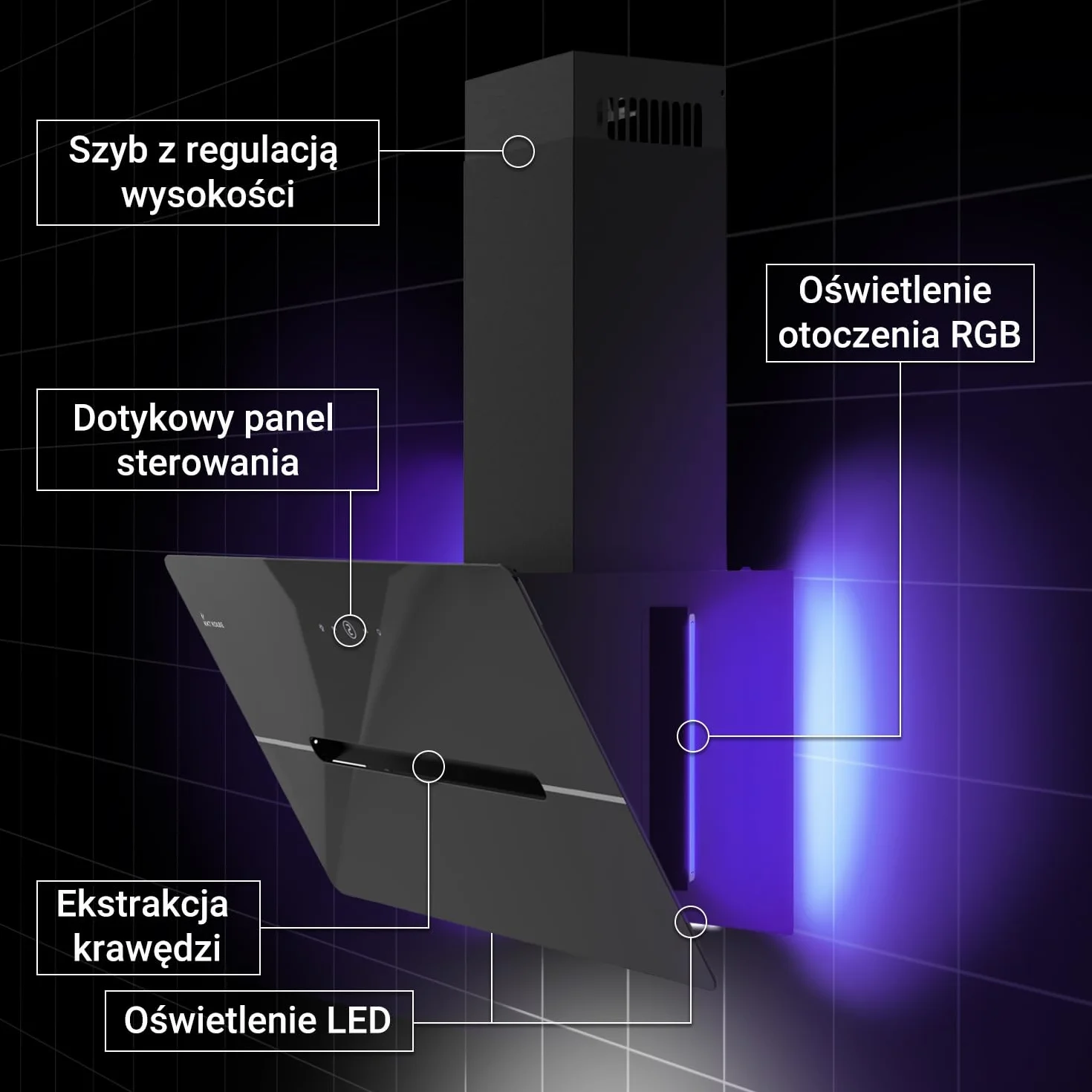 KKT KOLBE Okap kuchenny 80 cm/bezgłowa okap ścienny/stal nierdzewna/czarne szkło/Wi-Fi/automatyczne wybiegi / oświetlenie LED RGBW / obsługa SensorTouch/ECCO809SHCM
