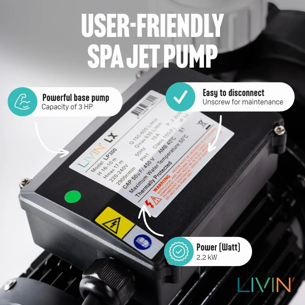 LIVIN' LX LP300 Jet Pompa Basenowa - Cyrkulacyjna Do Jacuzzi 2,2 kW / 3 HP - Filtrująca Do Basenu, 635 l/min, Nad Podłożem, 230 V/50 Hz, Cicha