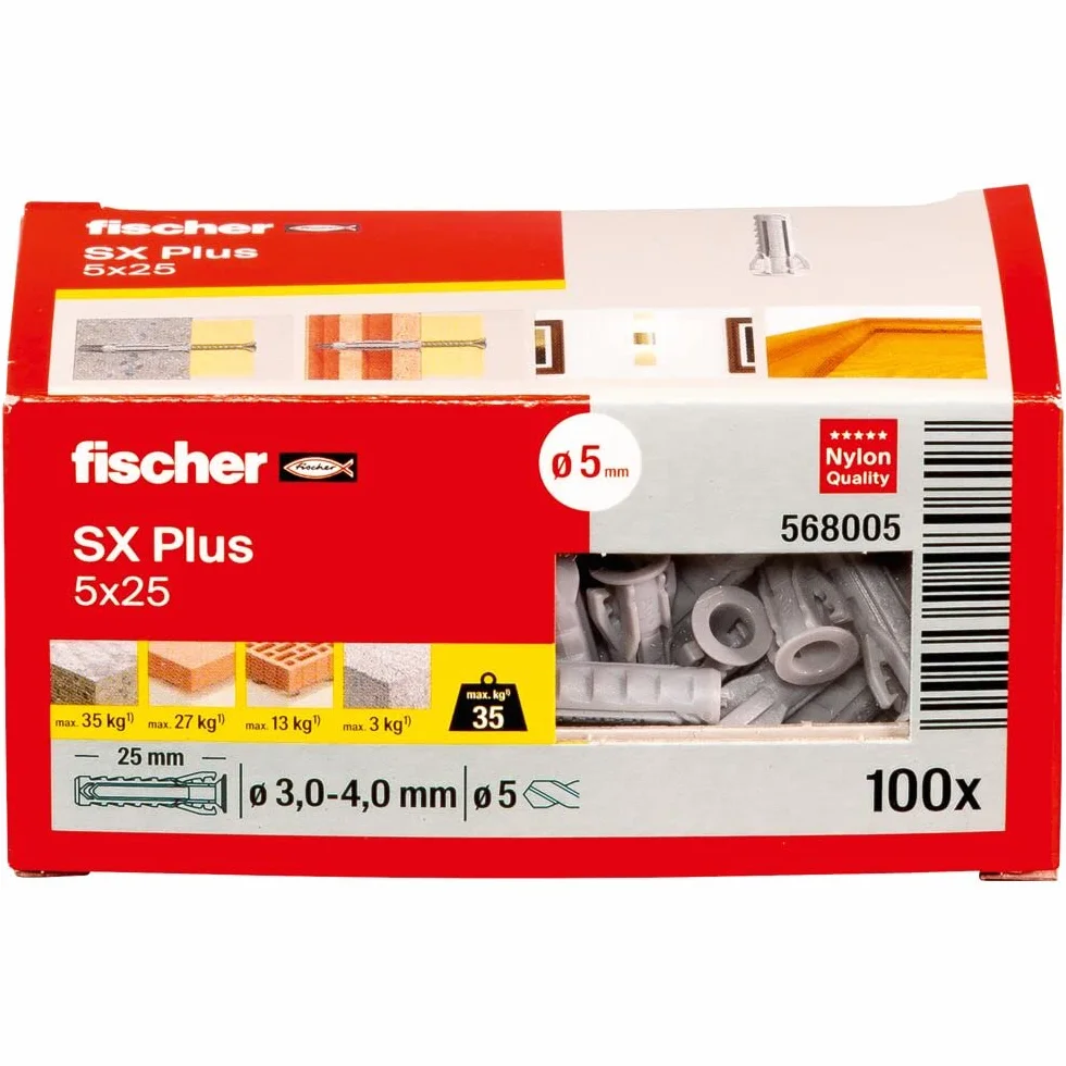 fischer Kołek rozporowy SX Plus 5 x 25, pudełko z 100 kołkami nylonowymi, kołki rozporowe zapewniające optymalną przyczepność w przypadku mocowań w betonie, cegle pełnej, betonie komórkowym, cegle o