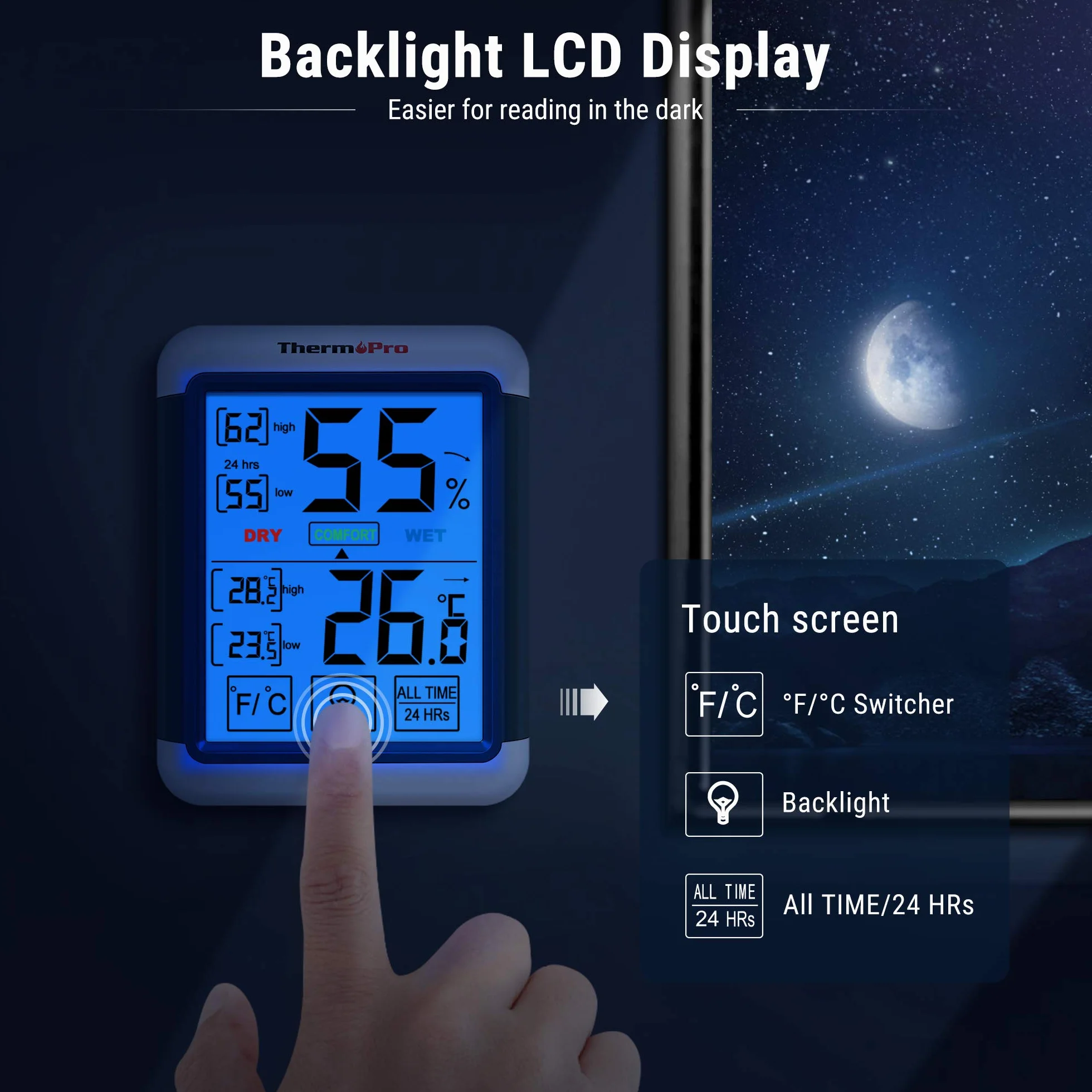 ThermoPro TP55 Cyfrowy termometr pokojowy Monitor temperatury i wilgotności z 24-godzinnymi zapisami wartości maksymalnej i minimalnej temperatury i wilgotności z dużym podświetlanym ekranem dotykowym