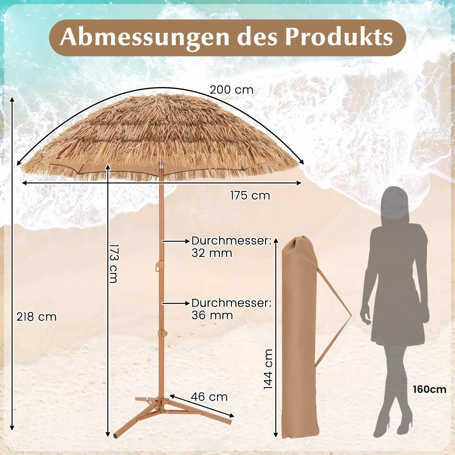 COSTWAY Hawajski parasol przeciwsłoneczny, słomkowy ze składanym stojakiem, parasol plażowy, możliwość przechylania słomy, parasol ogrodowy, parasol na taras, z torbą do przenoszenia, do ogrodu, na