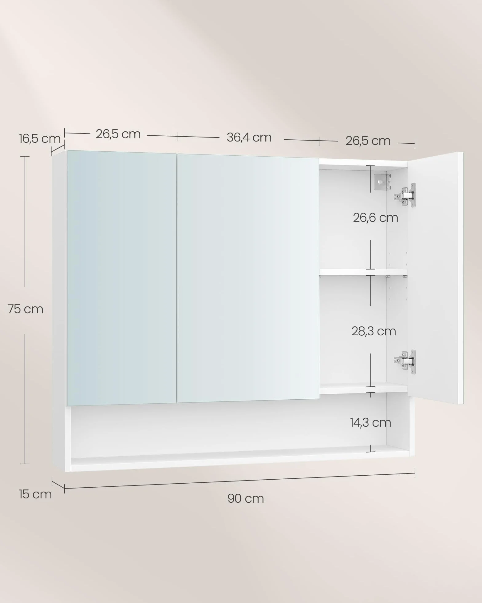 VASAGLE Meble łazienkowe z 3 drzwiami, szafka z lustrem, meble łazienkowe, otwarta komora, regulowane półki, 16,5 x 90 x 75 cm, chmurna biel BBK130W01