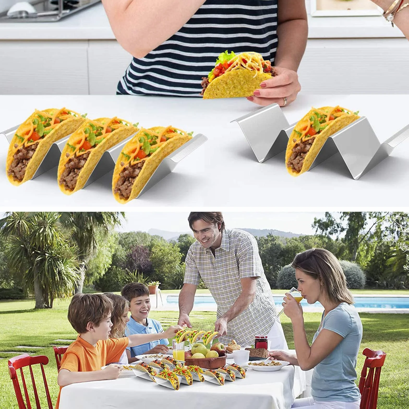2 uchwyty taco ze stali nierdzewnej, stojak do taco w kształcie fali, nadaje się do mycia w zmywarce, uchwyt na hotdog, z uchwytami, do tacos, kanapek i hot dogów, srebrny