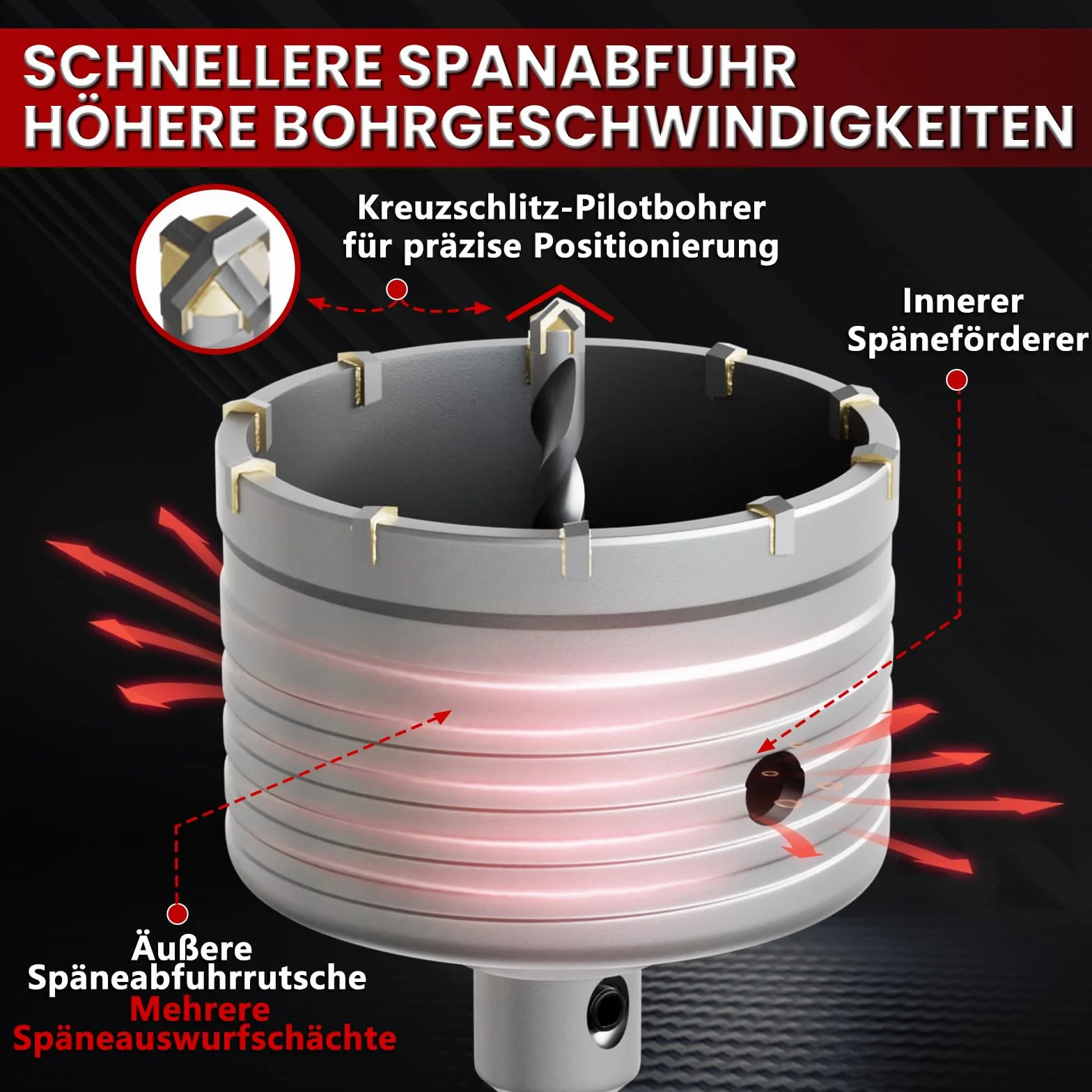 CSOOM otwornica do betonu 55 mm z przedłużeniem SDS-Plus 110 mm, zestaw otwornic do betonu, 4 wiertła centrujące 8 x 110 mm, końcówka z twardego metalu, 2 x wiertło centrujące