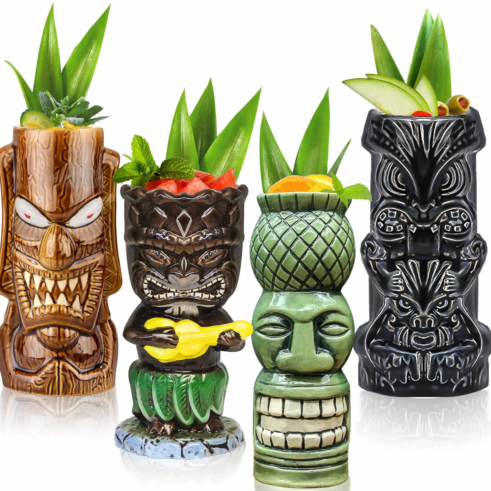 Kubki tiki na koktajle, zestaw 4 dużych ceramicznych tropikalnych kubków, hawajskie, kreatywne, do baru, premium, egzotyczne
