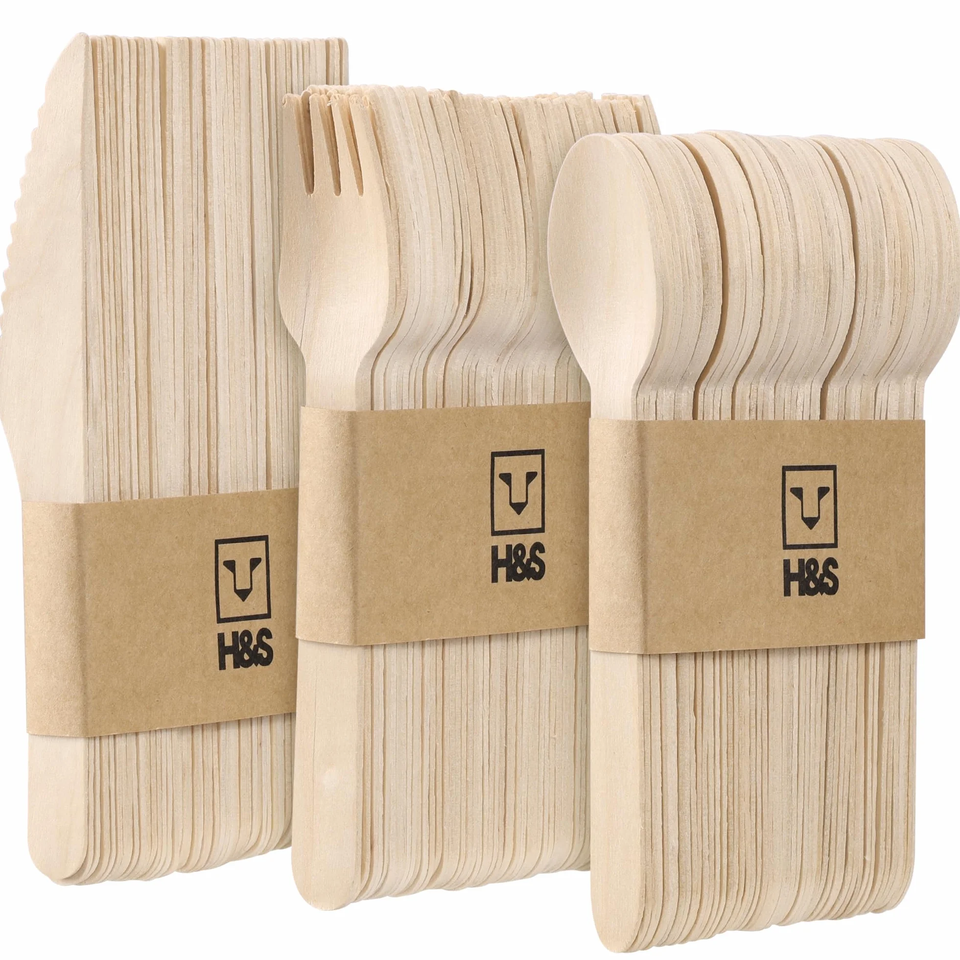 H&S biologisch abbaubares Einweg-Besteckset aus Holz 50-teilig für Partys