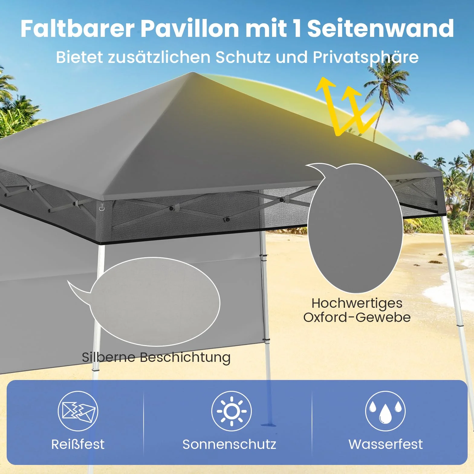 COSTWAY Pawilon składany typu pop-up, 2 x 2 m, z regulacją wysokości, ze ścianą boczną i hakami podłogowymi, wodoszczelny i chroniący przed słońcem, namiot imprezowy z torbą, pawilon ogrodowy do