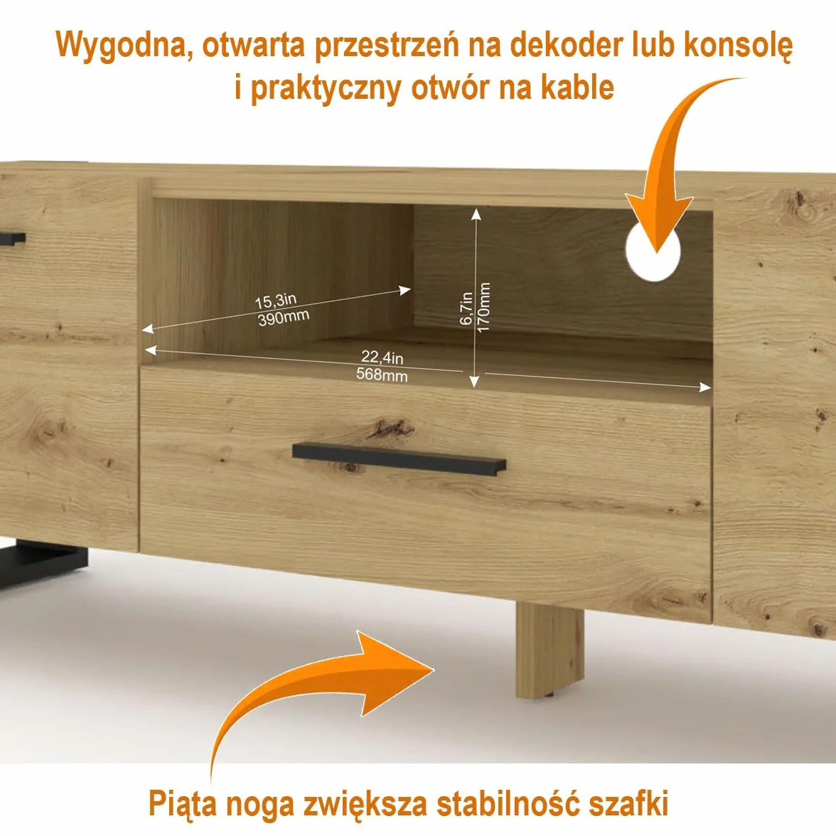 Szafka RTV Nuka z półkami i zamykanymi szafkami – mebel TV do salonu, nowoczesny mebel loftowy pod telewizor, wygodne przechowywanie sprzętu i estetyczna organizacja przestrzeni, stojąca konstrukcja