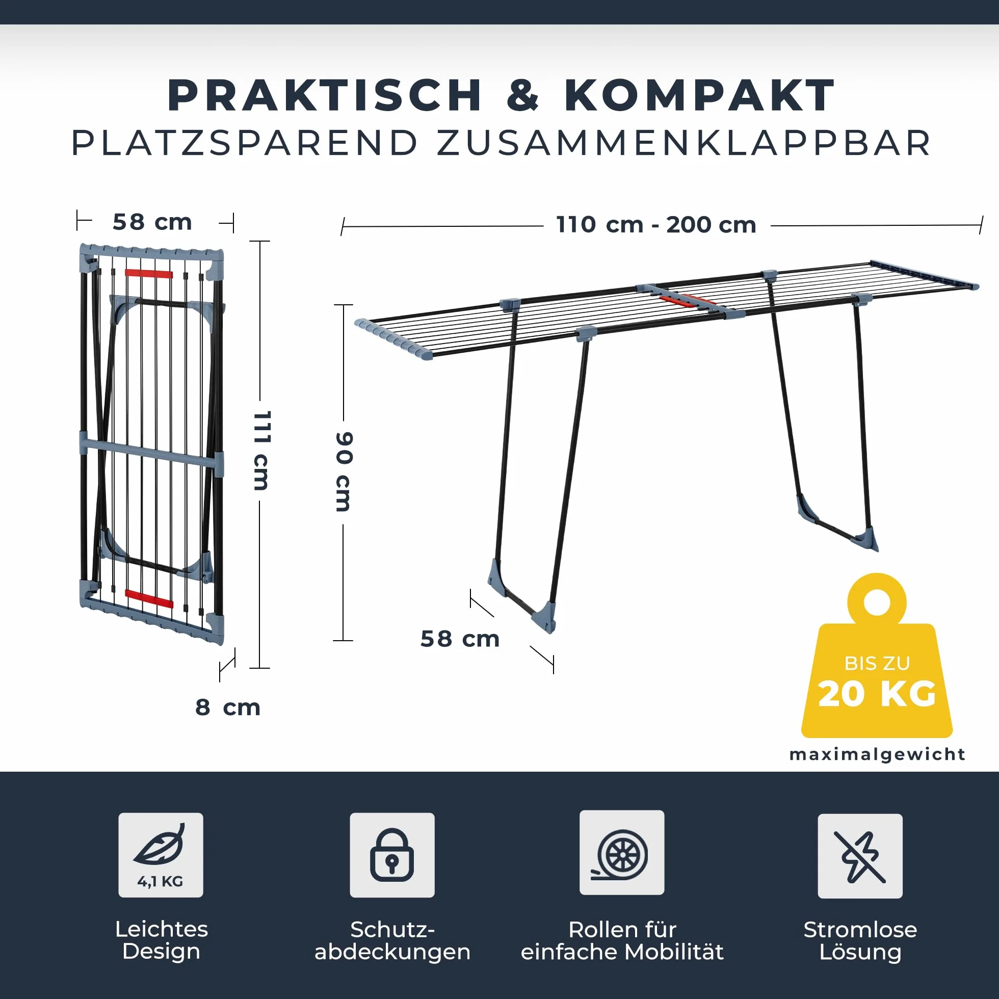 Suszarka na pranie wysuwana – XXL 20 m powierzchni suchej, zajmująca mało miejsca suszarka stojąca [wyprodukowano w UE], stabilna i czarna z zaciskami do małego prania