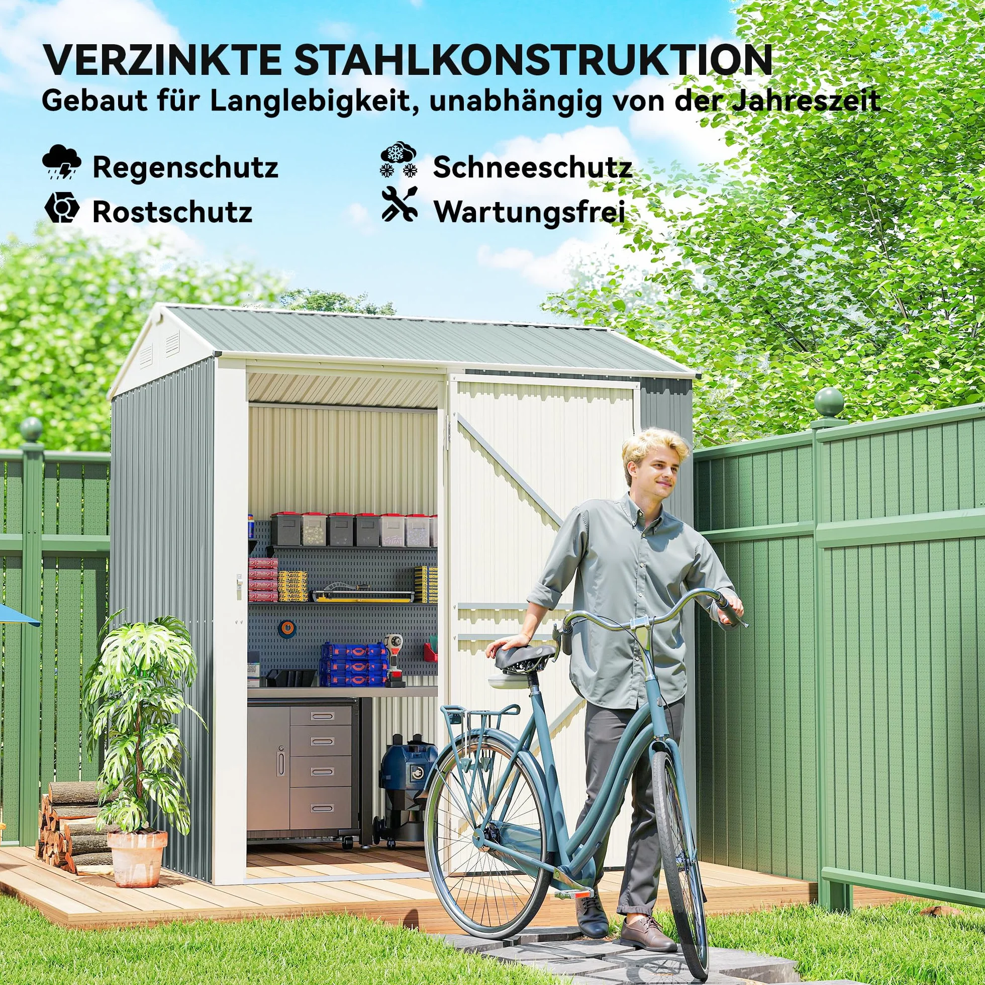 Outsunny Metalowy Domek Ogrodowy 3,5 m², Wysoki Zamykany Schowek z Pochyłym Dachem, Wentylacją i Rękawicami, 209 x 177 x 236 cm, Jasnoszary