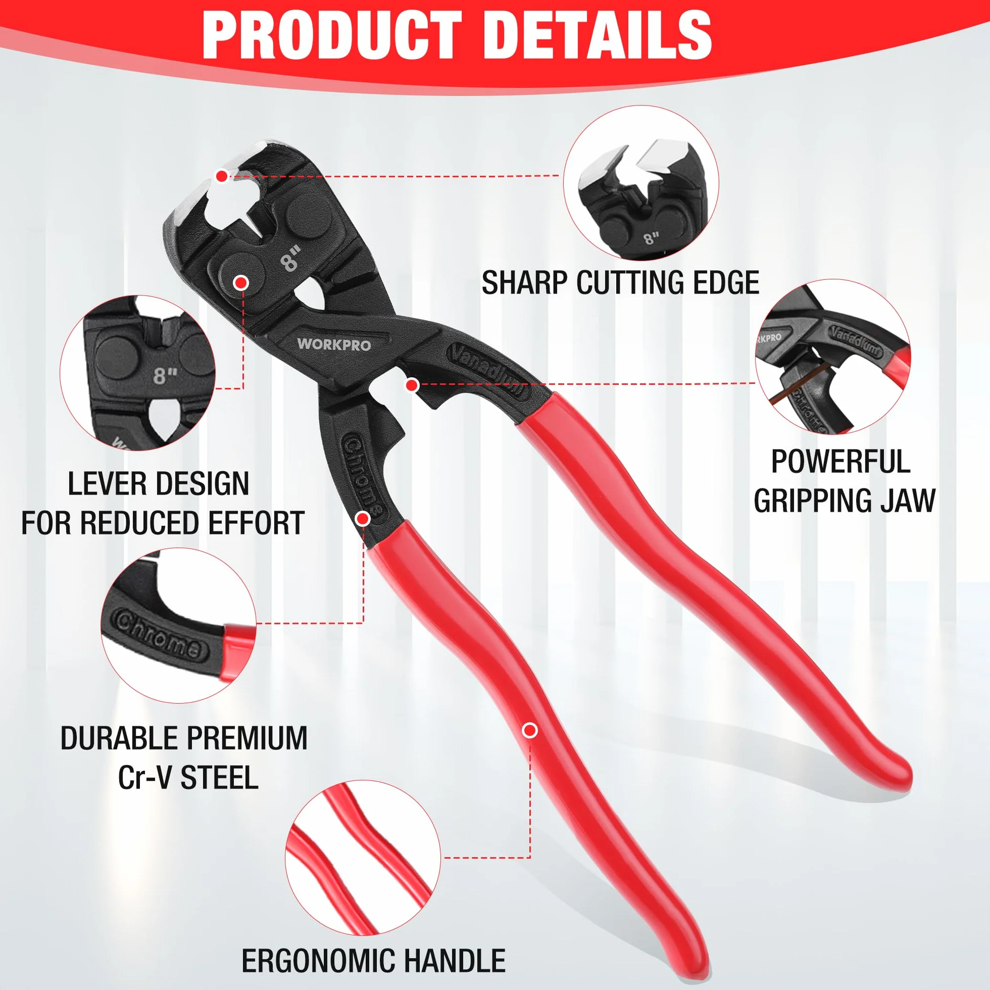 WORKPRO Szczypce tnące z wysoką dźwignią, wytrzymałe, wielofunkcyjne szczypce, ergonomiczne obcęgi stolarskie, 20 cm, narzędzie do ciągnięcia i cięcia paznokci