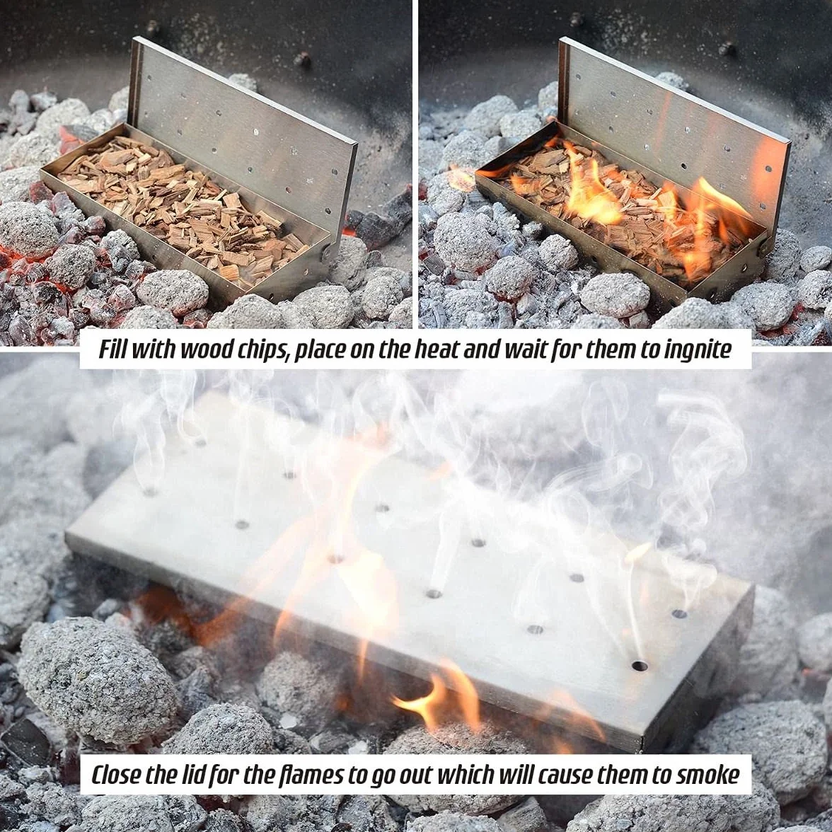 CKB LTD pojemnik na wędzarnie do grilla z stali nierdzewnej, metalowy, akcesoria do gotowania na zewnątrz, uniwersalne wędzarnie do grillowania gazu i węgla drzewnego, dodaj smaku dymnego