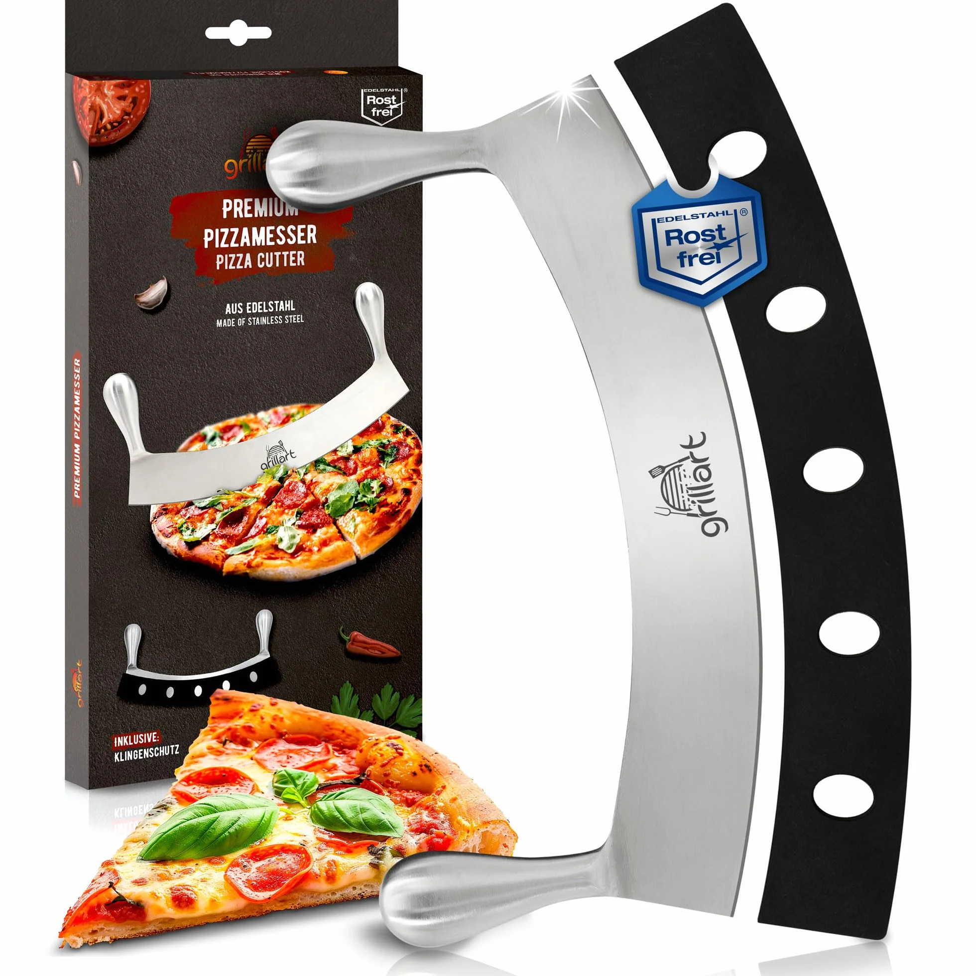 grillart® Nóż do pizzy premium ze stali nierdzewnej (stal nierdzewna, podwójny uchwyt)