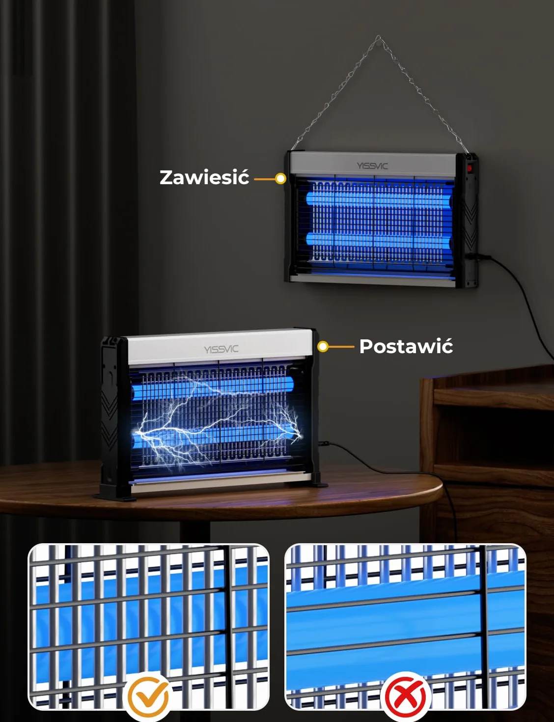 YISSVIC Elektryczna lampa owadobójcza LED, 2 m, kabel z łańcuchem do zawieszania i nóżkami, przeciw molom, komarom, muchom, do wnętrz, 39,5 x 24,6 x 6 cm