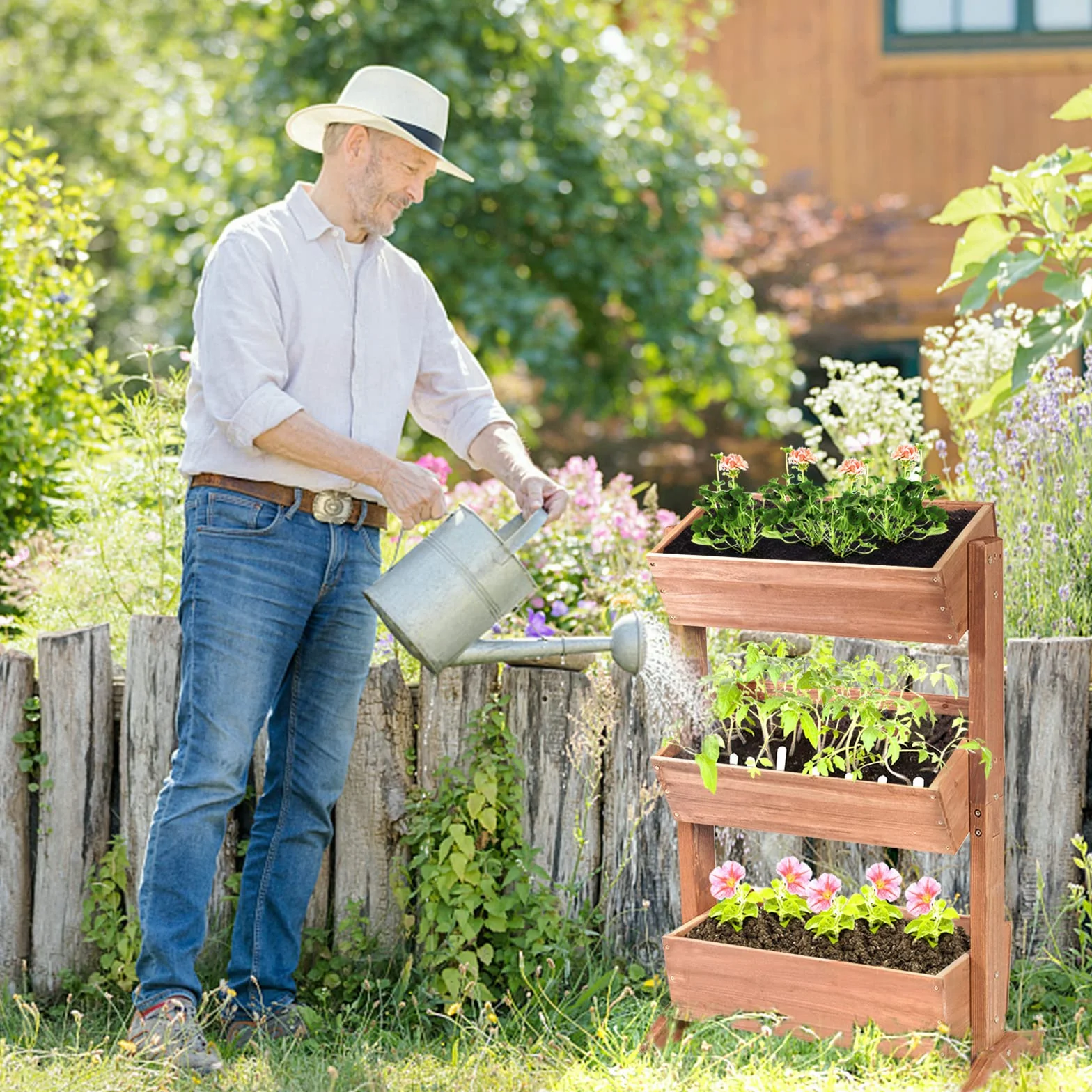 GOPLUS 3-piętrowa podwyższona grządka, kwietnik z drewna jodłowego, schodek na kwiaty z 3 doniczkami i otworami odpływowymi, do ogrodu, na balkon, taras, 71 x 38 x 105 cm