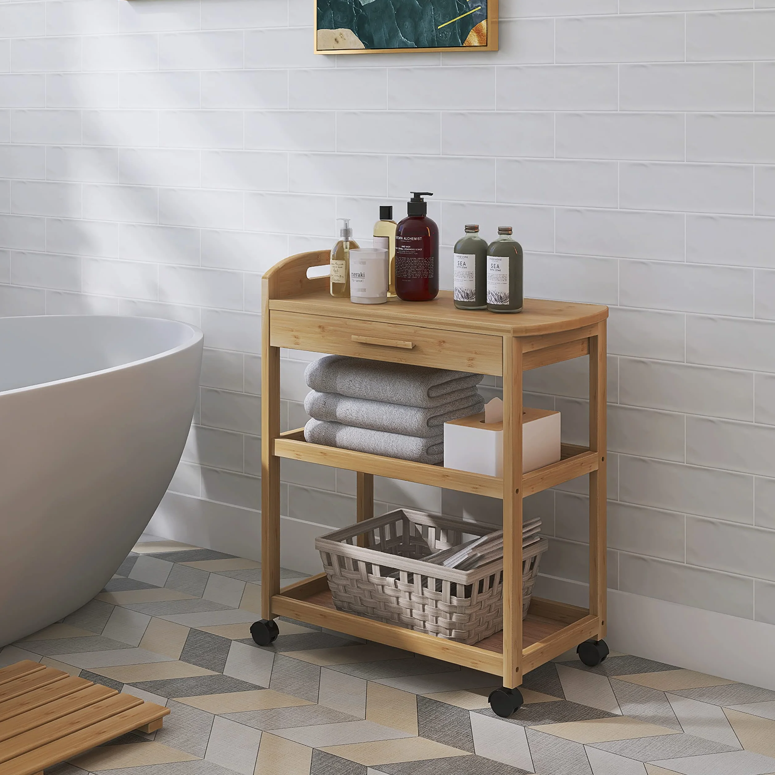 SMIBUY Kitchen Island wózek na kółkach, z szufladą do przechowywania i półkami, bambusowy, 3-poziomowy, z blatem z litego drewna i zamykanymi kółkami (naturalny)