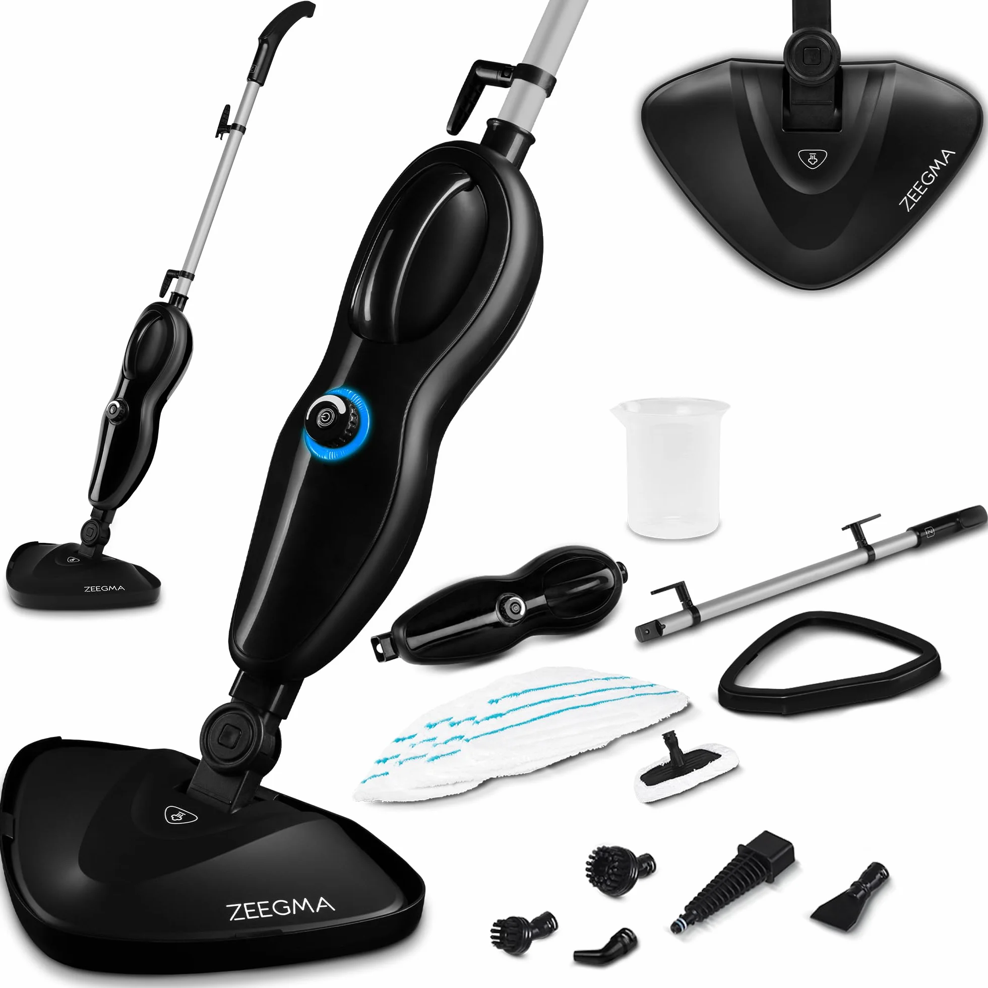 ZEEGMA Puur mop parowy, funkcja myjki, regulacja strumienia pary, 19 ml/min, moc 1500 W, przewód 5 m, 2 filtry i 7 wymiennych końcówek w zestawie, wyjmowany zbiornik na wodę 370 ml