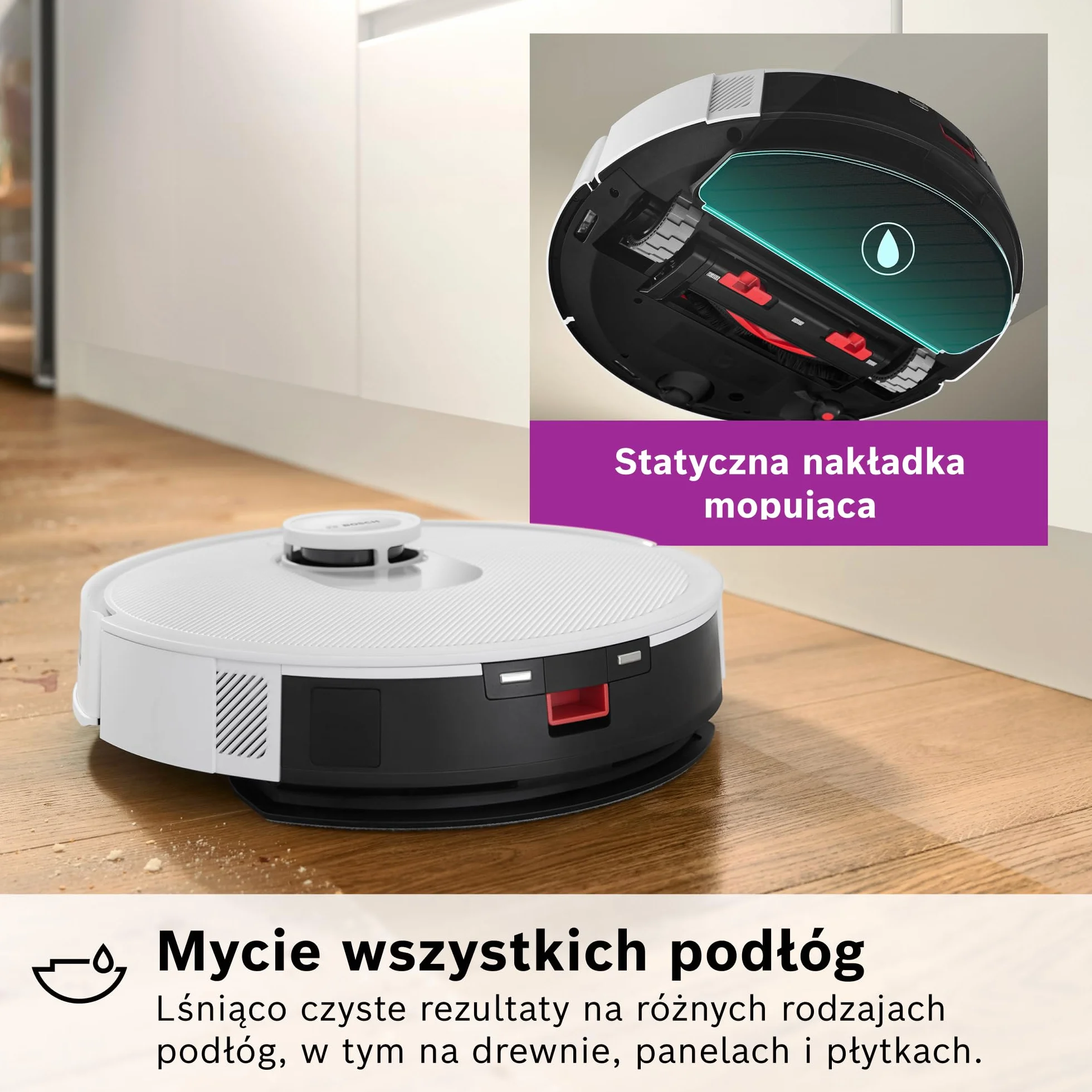 Bosch Spotless+ Robot sprzątający z funkcją mopowania, moc ssania 11 000 Pa, statyczna nakładka mopującą, stacja czyszczącą, nawigacją Smart Vision, aplikacja Bosch Home Connect, BCRD1W, biały
