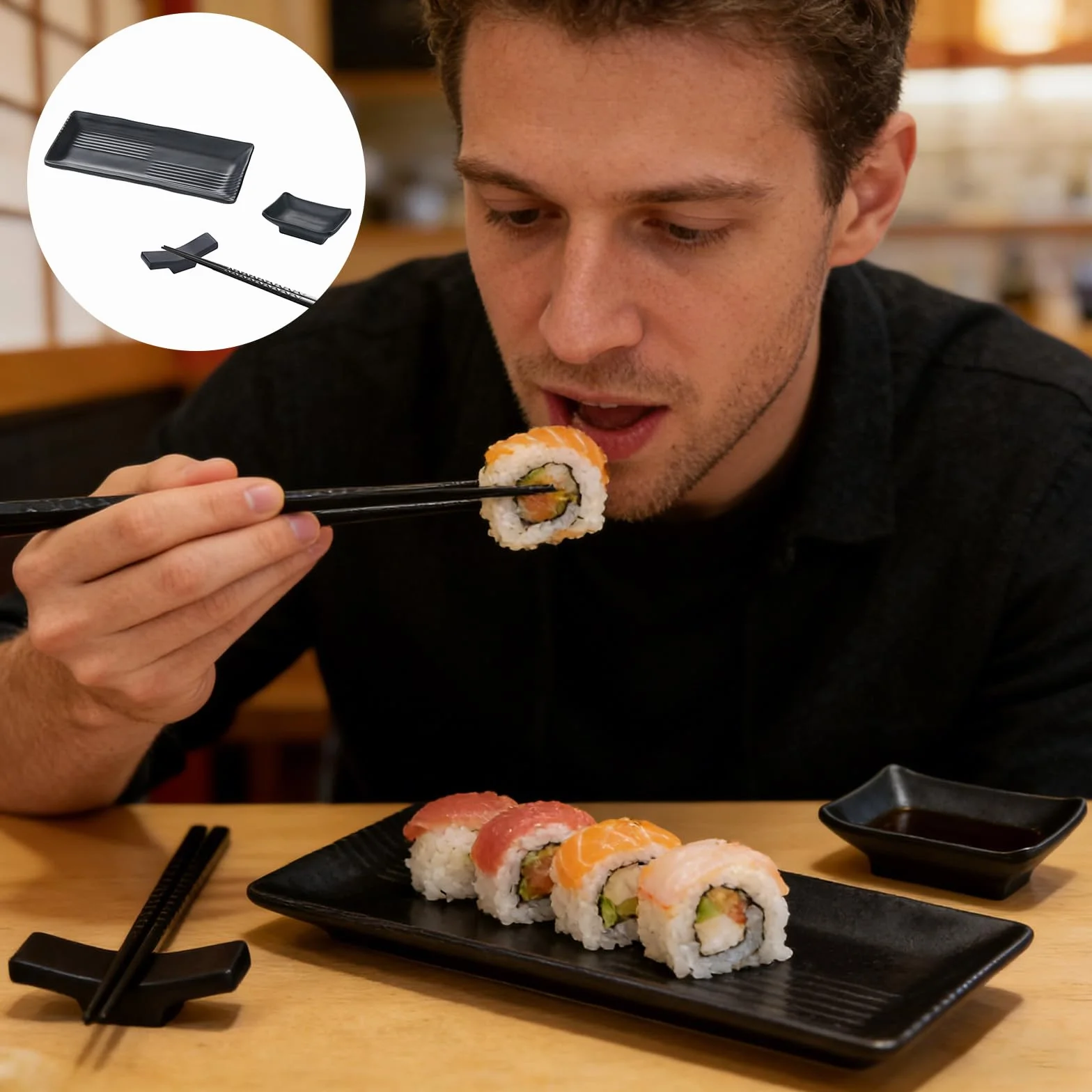 Japonki zestaw naczyń do sushi, serwis do serwowania sushi z melaminy z 2 parami pałeczek, 2 podstawkami na pałeczki, 2 talerzami, 2 miseczkami do dipowania, zestaw do serwowania sushi dla 2 osób do