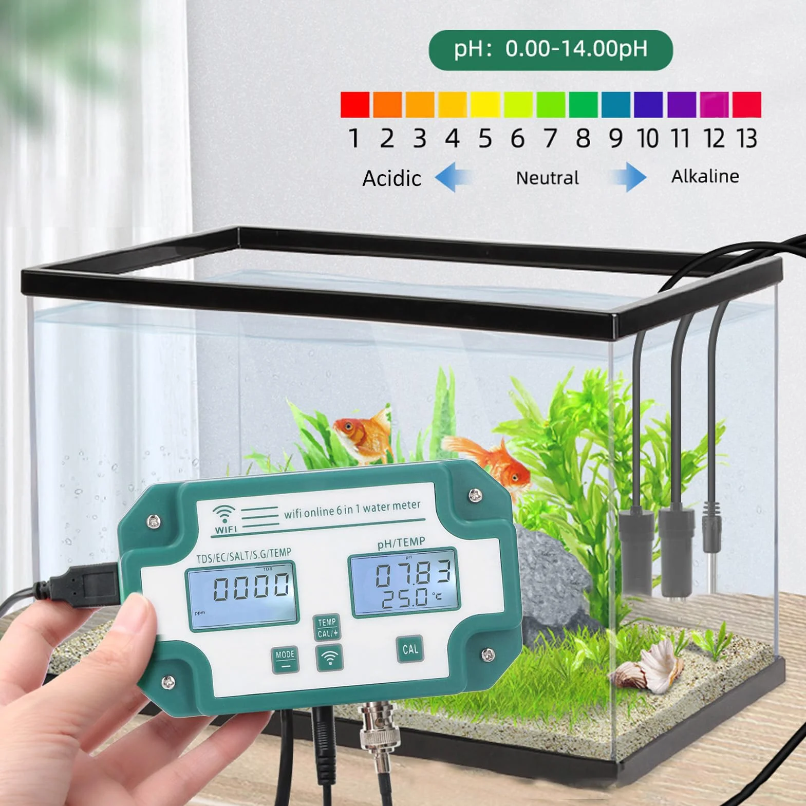 Miernik Jakości Wody Wysoka Precyzja 6 w 1 PH TDS EC SG Tester Temperatury Soli Połączenie WiFi Detektor Jakości Wody do Wody Pitnej(Wtyczka UE)