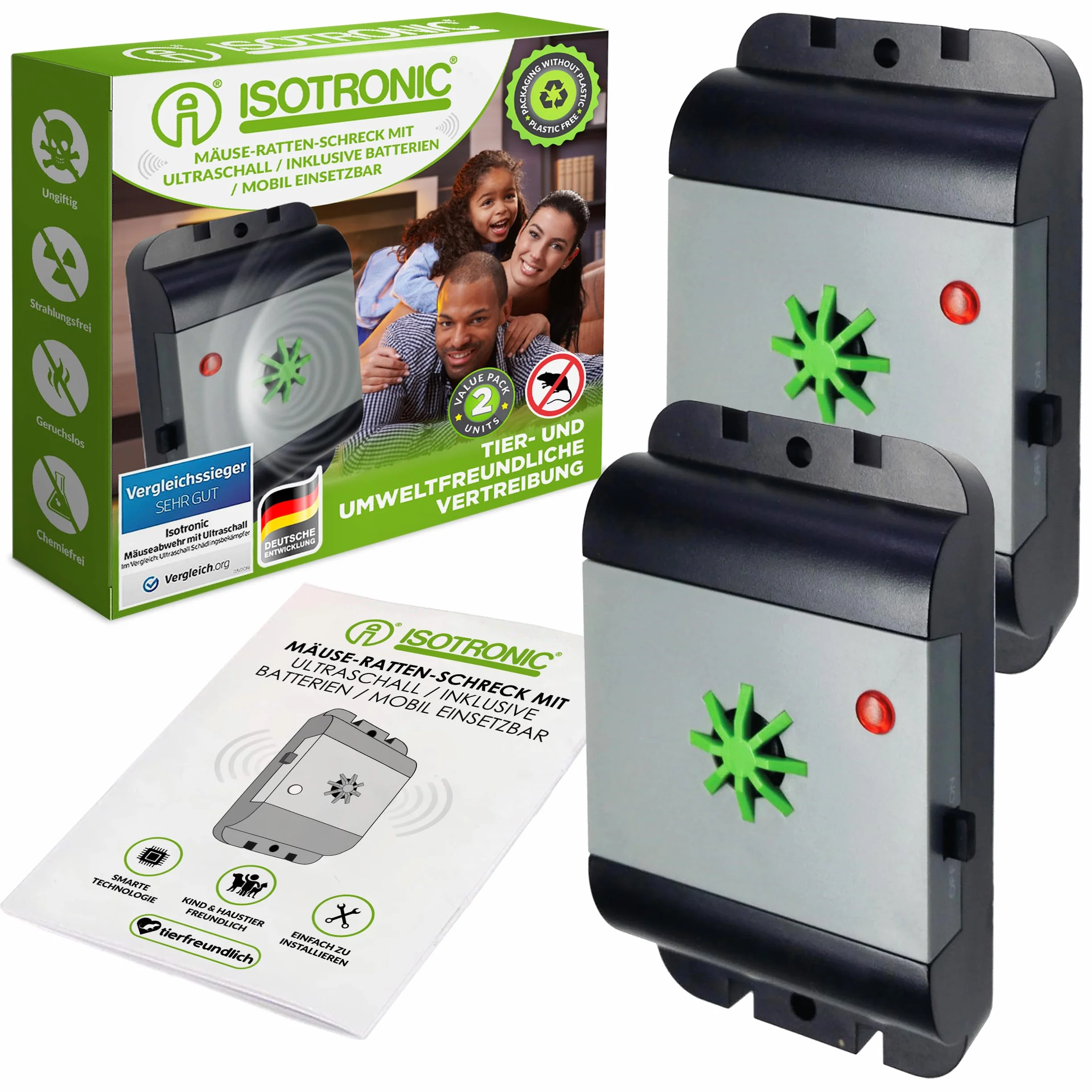 ISOTRONIC Odstraszacz myszy / szczurów z ultradźwiękami, zwycięzca testu, elektroniczny odstraszacz szkodników do domu, piwnicy, ogrodu, odstraszacz myszy i szczurów, bez chemikaliów i pułapki na