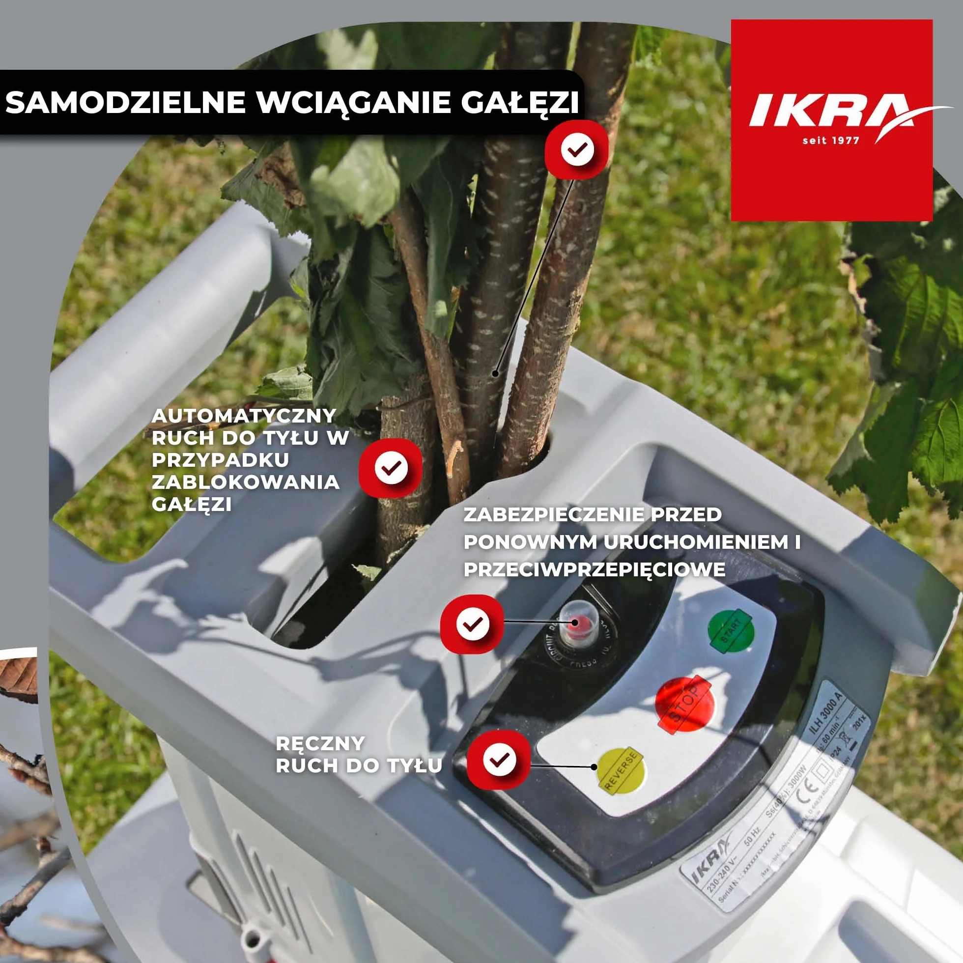 IKRA rozdrabniacz ogrodowy walcowy elektryczna ILH 3000 A, moc 3000 W, w tym sekator i okulary ochronne