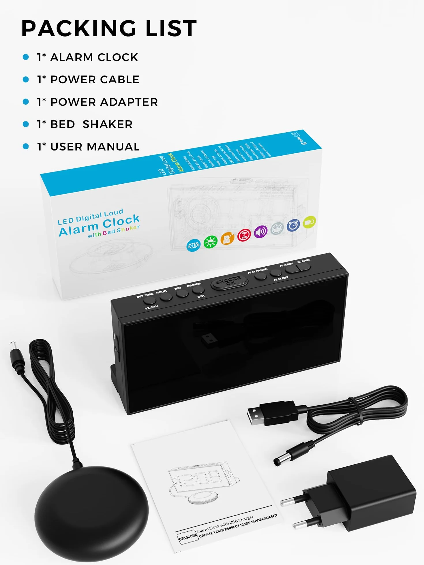 Mesqool Głośny budzik wibracyjny z funkcją spania dla osób niesłyszących, śpiących głęboko, podwójny alarm, ładowarka USB, duży wyświetlacz, drzemka, czas letni 12/24 h, ściemniacz