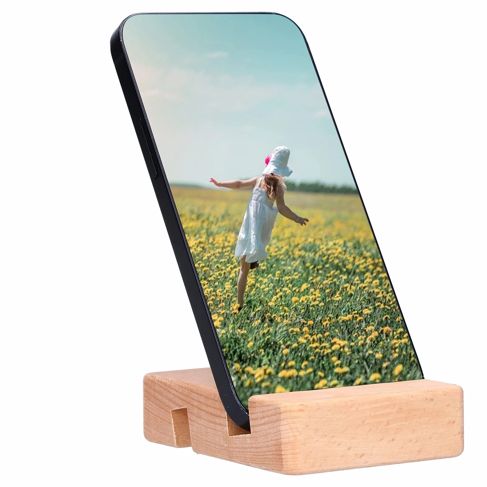 Zerodis Drewniany Stojak na Telefon Kompaktowy Stojak na Telefon Biurko z Naturalnego Drewna Bukowego z Uniwersalnym Uchwytem (Kwadratowy podwójny uchwyt komórkowy)