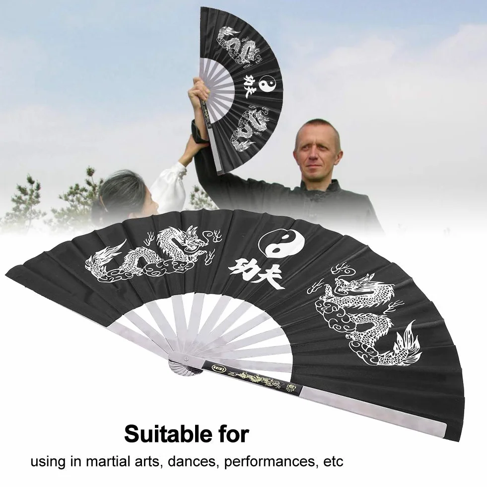 Wentylator SkłAdany ze Stali Nierdzewnej ChińSki Wentylator Tai Chi Sztuki Walki Wentylator Walki Kung Fu dla MężCzyzn i Kobiet Wydajność, Taniec, Dekoracje 64 X 35 Cm (Czarny)