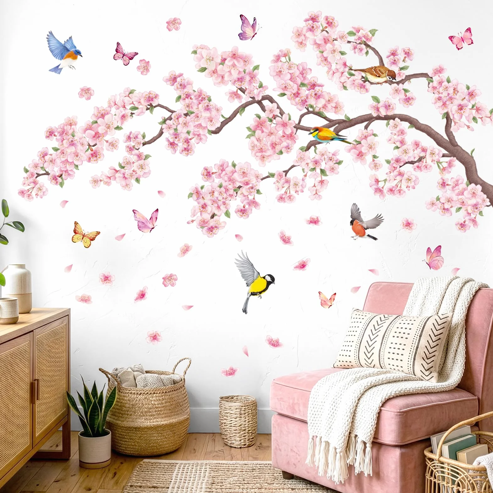DECOWALL SG2-2427 Naklejki ścienne różowe kwiaty i ptaki gałęzie wiśni do sypialni salon sofa TV tło dekoracja ścienna
