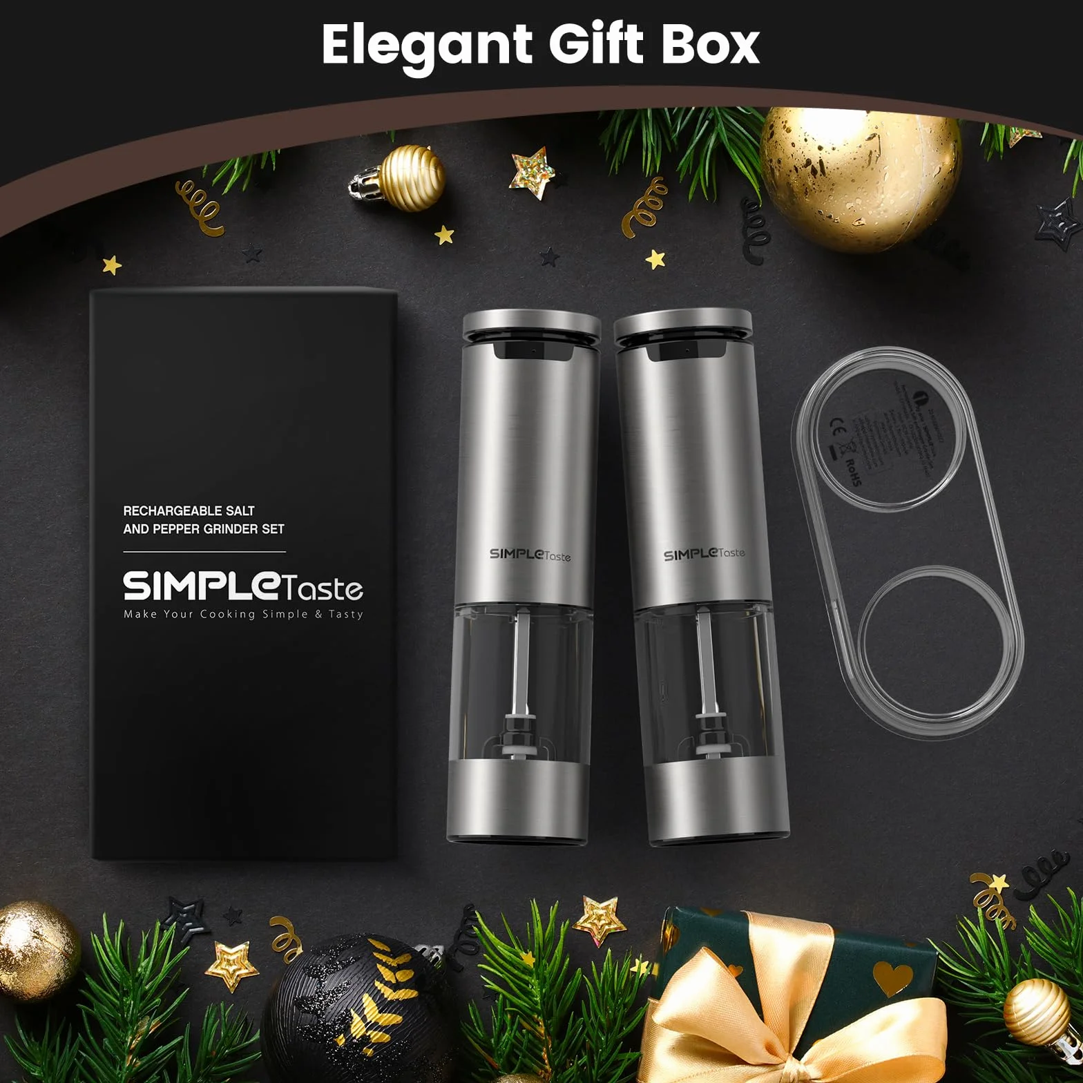 SIMPLETASTE Zestaw Elektrycznych Młynków do Pieprzu i Soli z Regulacją Grubości Mielenia, Ładowanie USB-C, LED, 2 sztuki