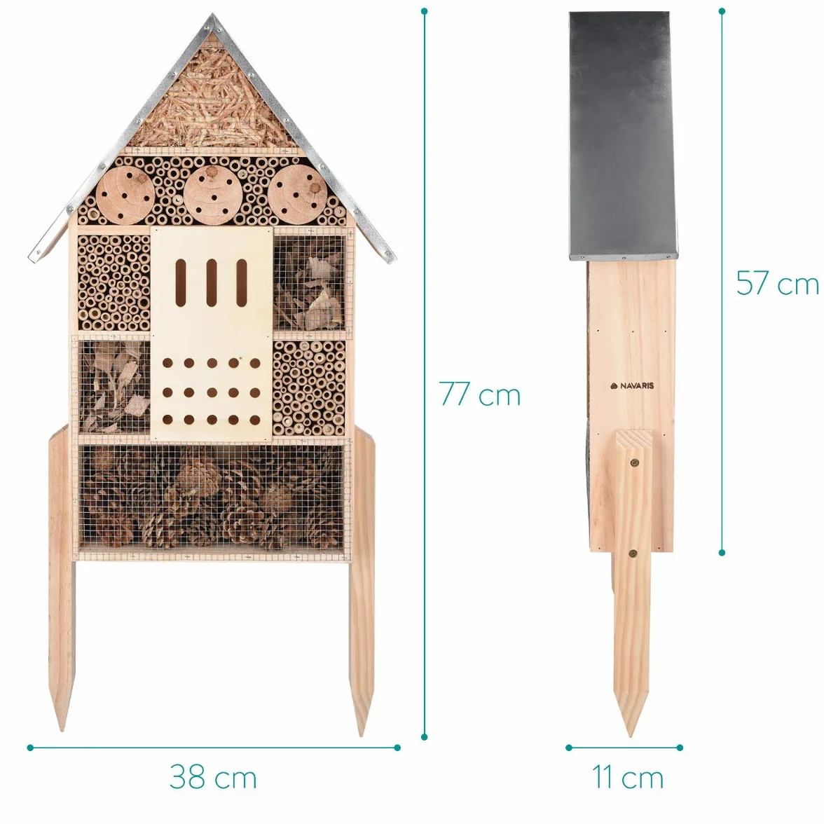 Navaris XL Drewniany Hotel dla Owadów - 38 x 11,5 x 57 cm - Domek z Naturalnego Drewna, Schronienie Ogrodowe, Bambusowe Siedlisko Gniazdowe dla Pszczół, Motyli, Biedronek