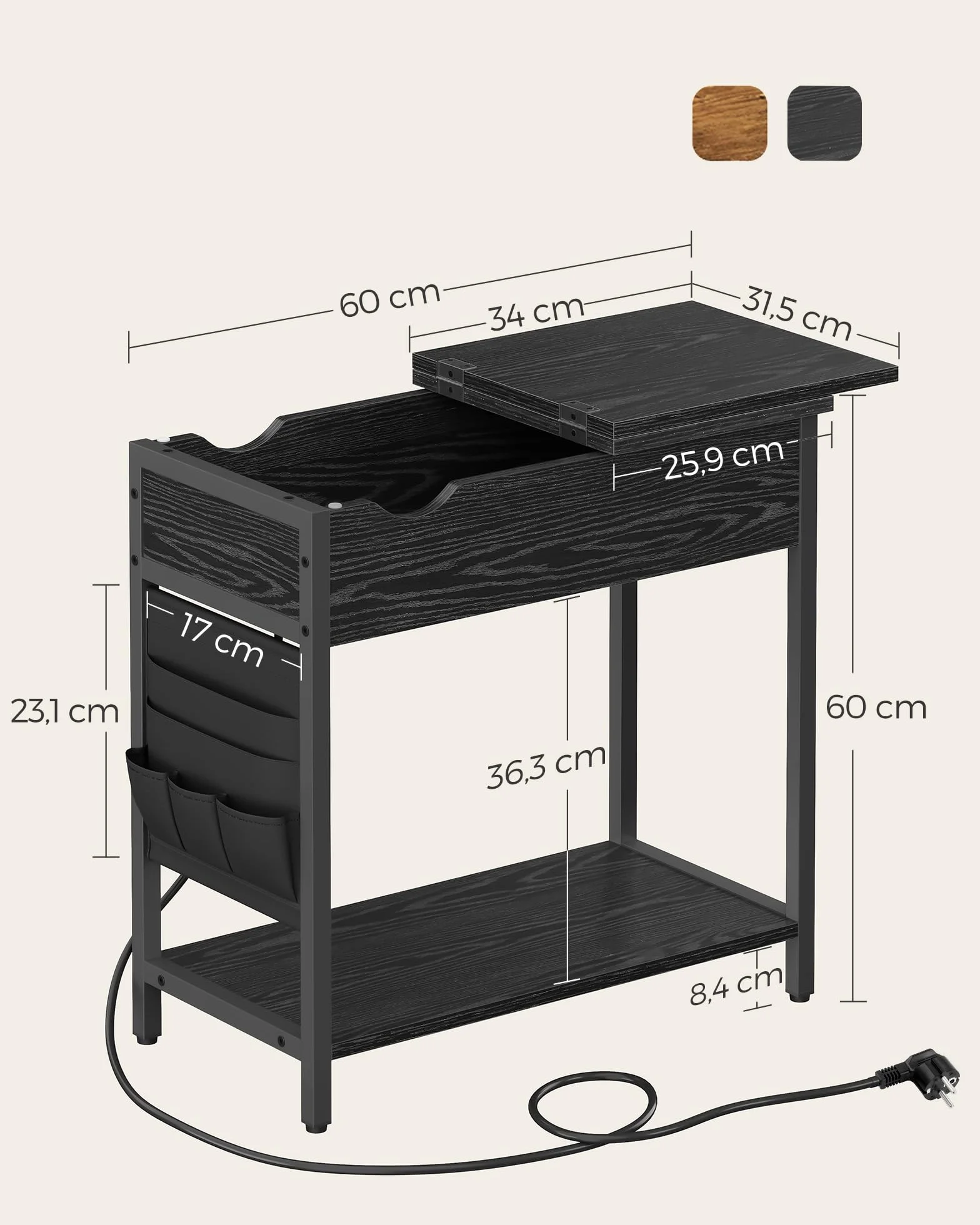 VASAGLE Stolik pomocniczy, stolik nocny z gniazdkiem, wąski, z portami USB, torba, do salonu, sypialni, czarny z rysunkiem słojów drewna LET311B56