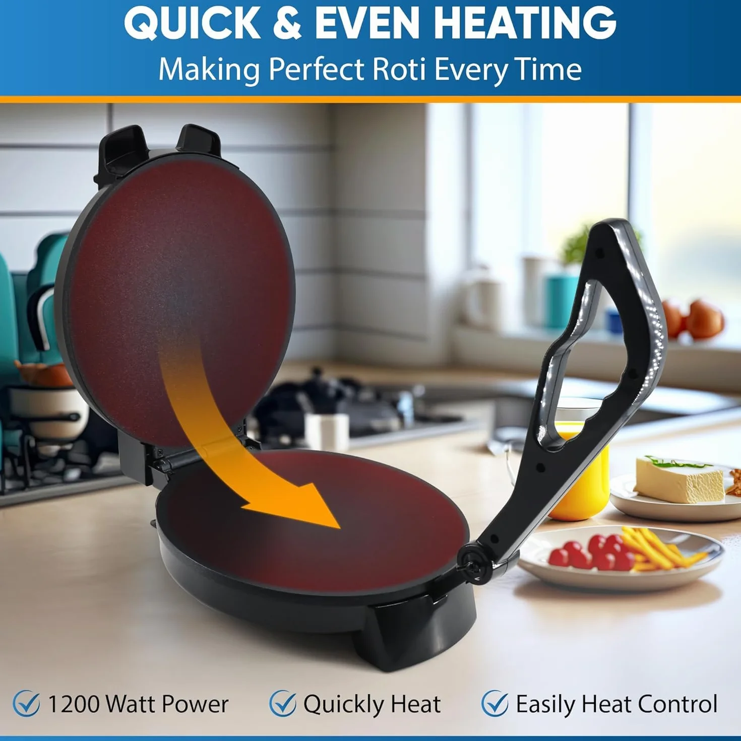 Roti Maker 25,4 cm firmy StarBlue z bezpłatnym ogrzewaczem Roti i zdejmowanym uchwytem – indyjskie chapati, tortilla, Roti AC220-240 V 50/60 Hz 1200 W, wtyczka UE